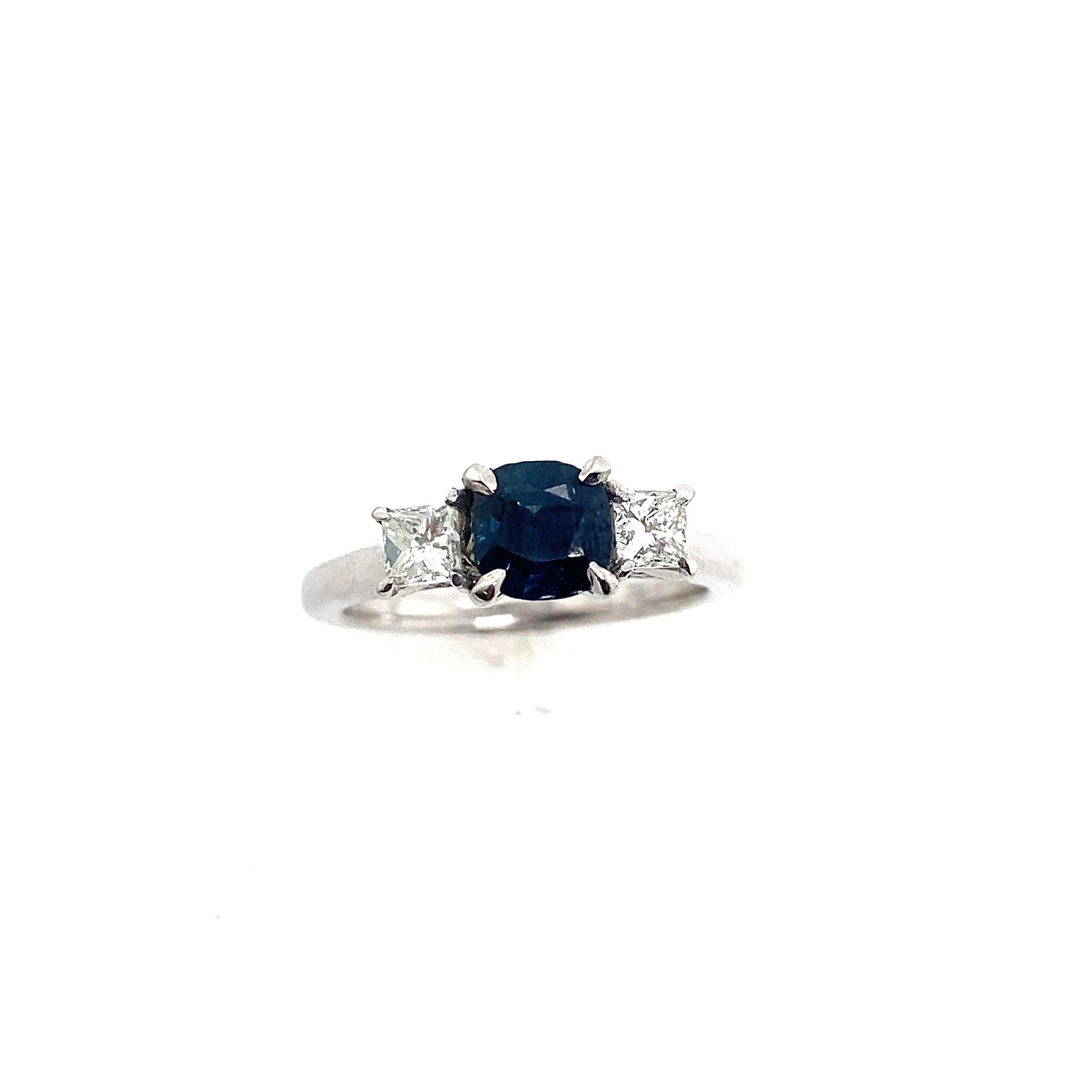 Cushion Cut Natural Cushion Shape 1.12ct Sapphire and 0.52ct Diamond Ring in Platinum For Sale