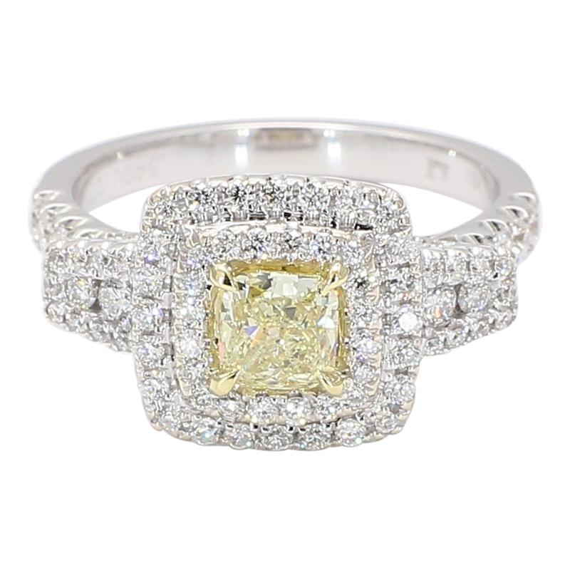 Natural Yellow Cushion and White Diamond 1.18 Carat TW Gold Cocktail Ring