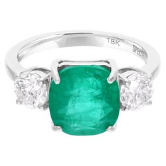Natural Cushion Zambian Emerald Diamond Three Stone Ring 14 Karat White Gold