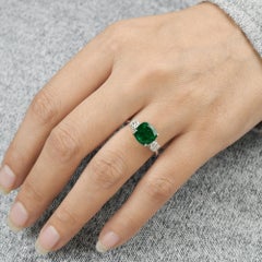 Natural Cushion Zambian Emerald Diamond Three Stone Ring 18 Karat White Gold