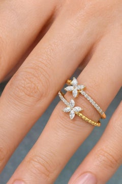 Natural Dainty Diamond Double Flower Wedding Ring 18 Karat Yellow Gold