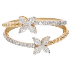 Natural Dainty Diamond Double Flower Wedding Ring 18 Karat Yellow Gold