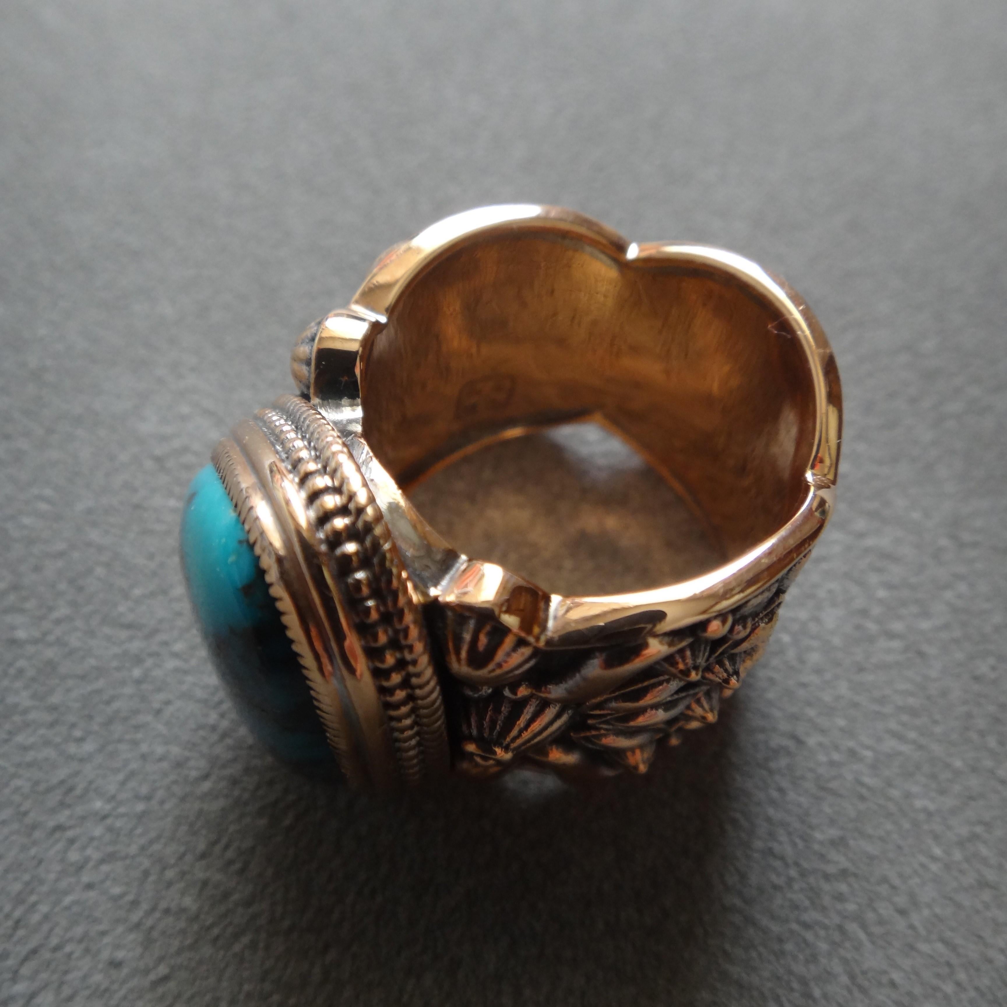 Bague en or rose 18 carats avec grande turquoise bisbée bleu foncé naturel de 23 carats en vente 10