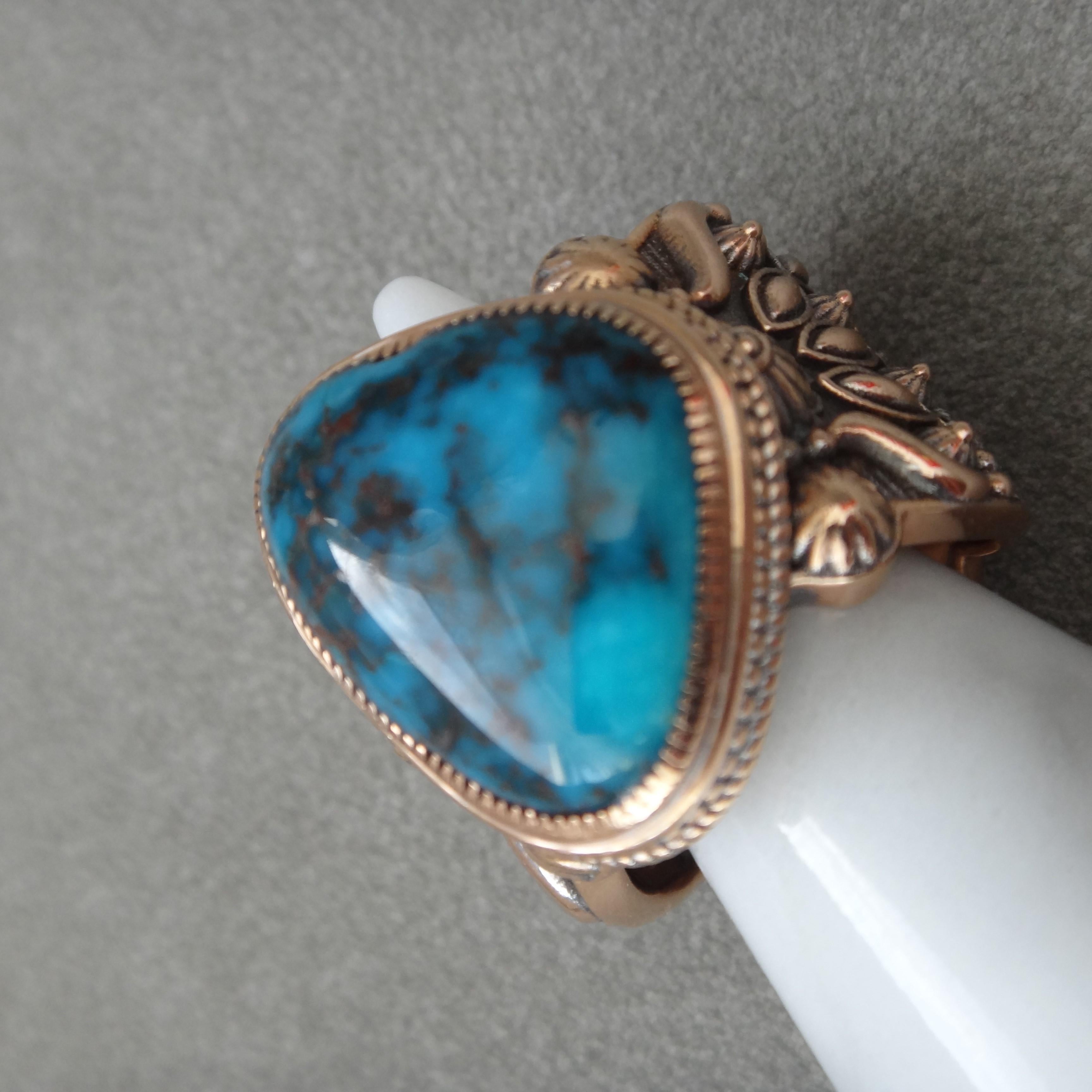 Bague en or rose 18 carats avec grande turquoise bisbée bleu foncé naturel de 23 carats en vente 7