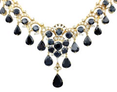 Natural Dark Blue Sapphire and Diamond Drop Necklace in 18 Karat Yellow Gold