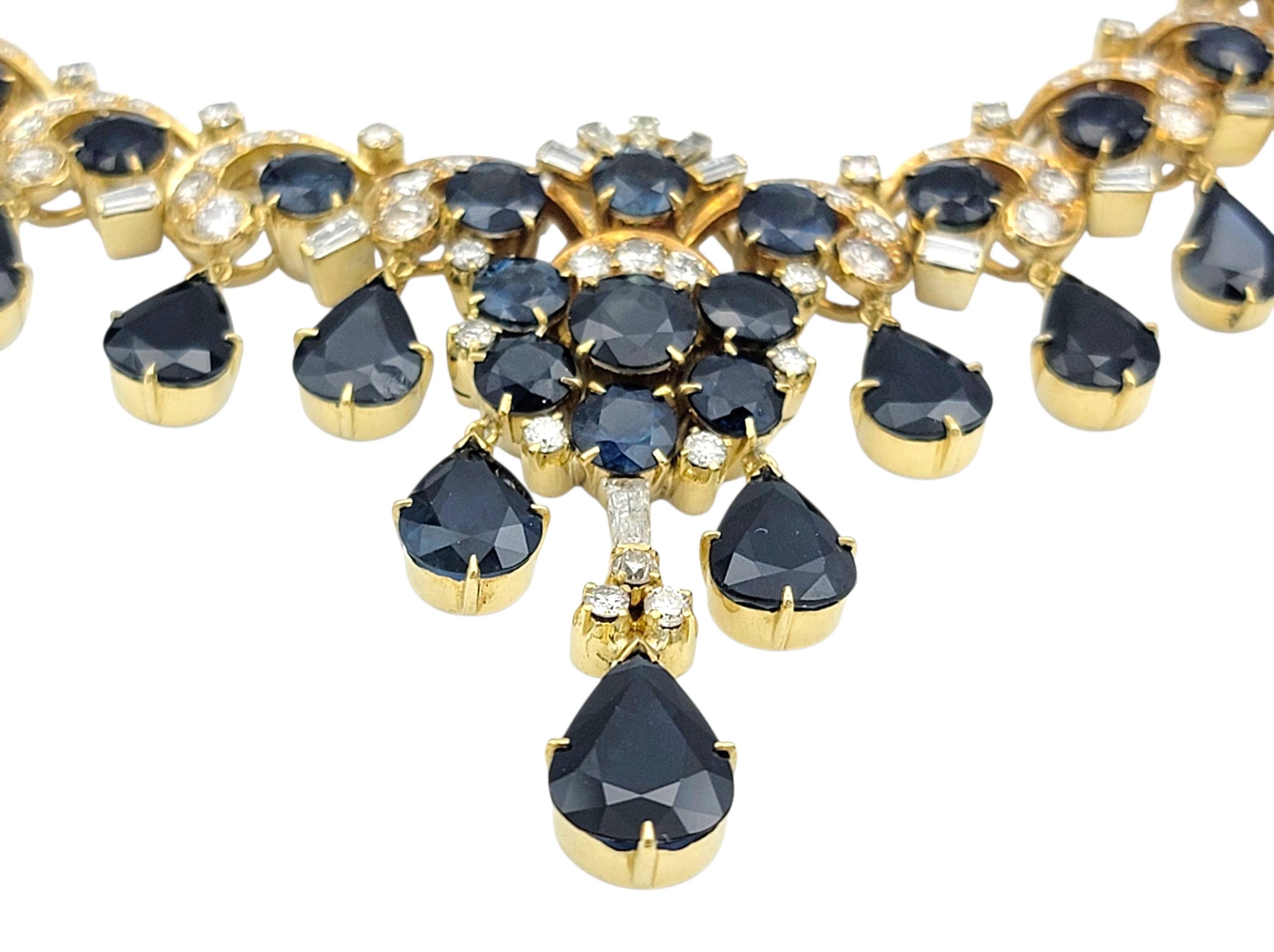 Taille poire Collier pendentif en or jaune 18 carats avec saphir bleu foncé naturel et diamant en vente