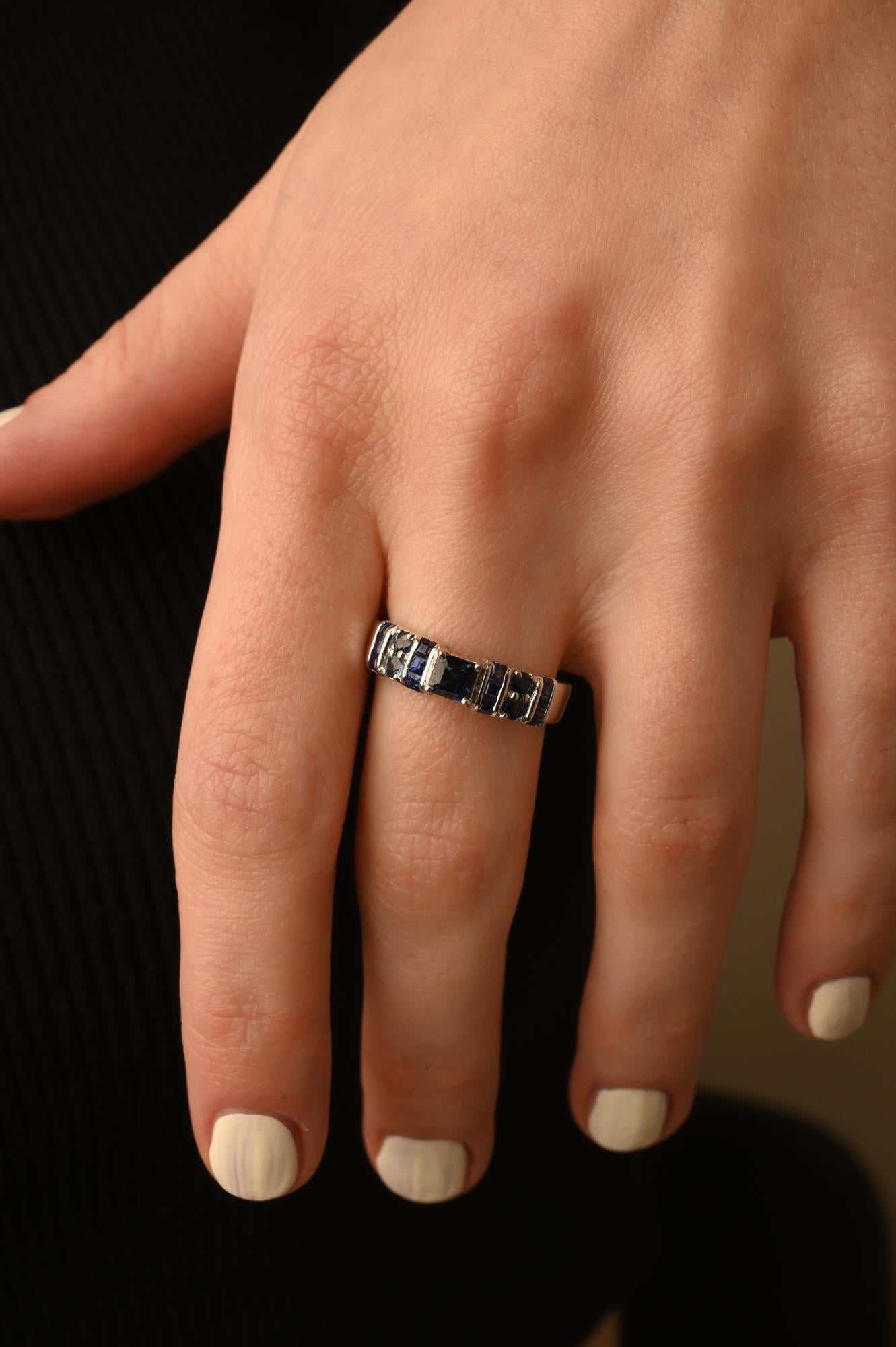 For Sale:  Natural Dark Blue Sapphire Handmade Unisex Ring in 14K Solid White Gold 10