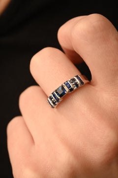 Natural Dark Blue Sapphire Handmade Unisex Ring in 14K Solid White Gold