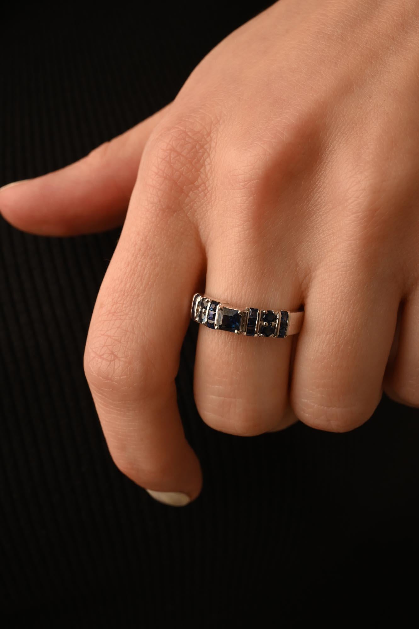 For Sale:  Natural Dark Blue Sapphire Handmade Unisex Ring in 14K Solid White Gold 4