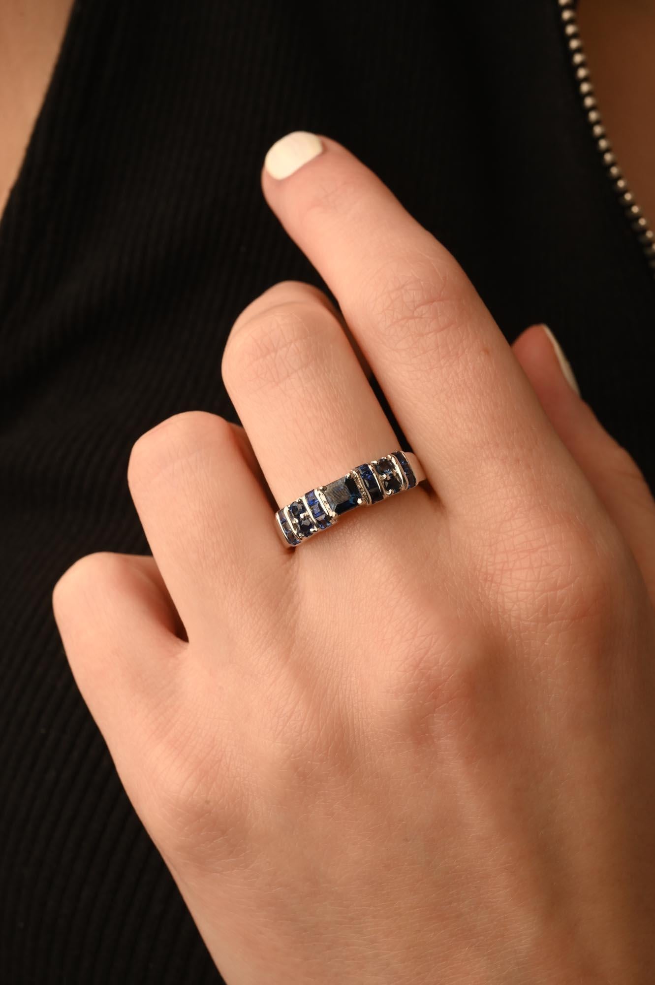 For Sale:  Natural Dark Blue Sapphire Handmade Unisex Ring in 14K Solid White Gold 6