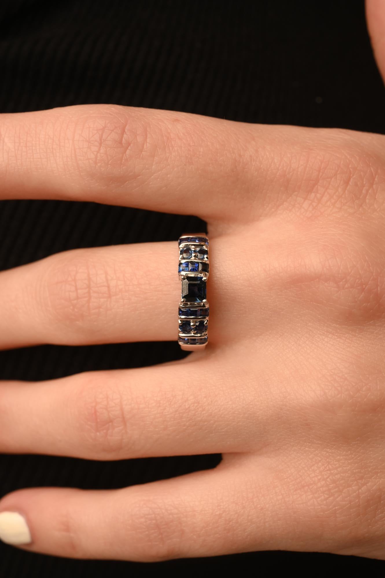 For Sale:  Natural Dark Blue Sapphire Handmade Unisex Ring in 14K Solid White Gold 8