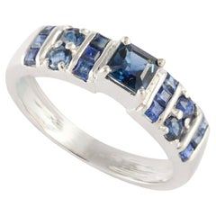 Natural Dark Blue Sapphire Handmade Unisex Ring in 14K Solid White Gold
