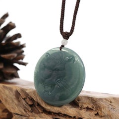 Natural Deep Blue Green Jadeite Jade "Roaring Tiger" Pendant Necklace for Men
