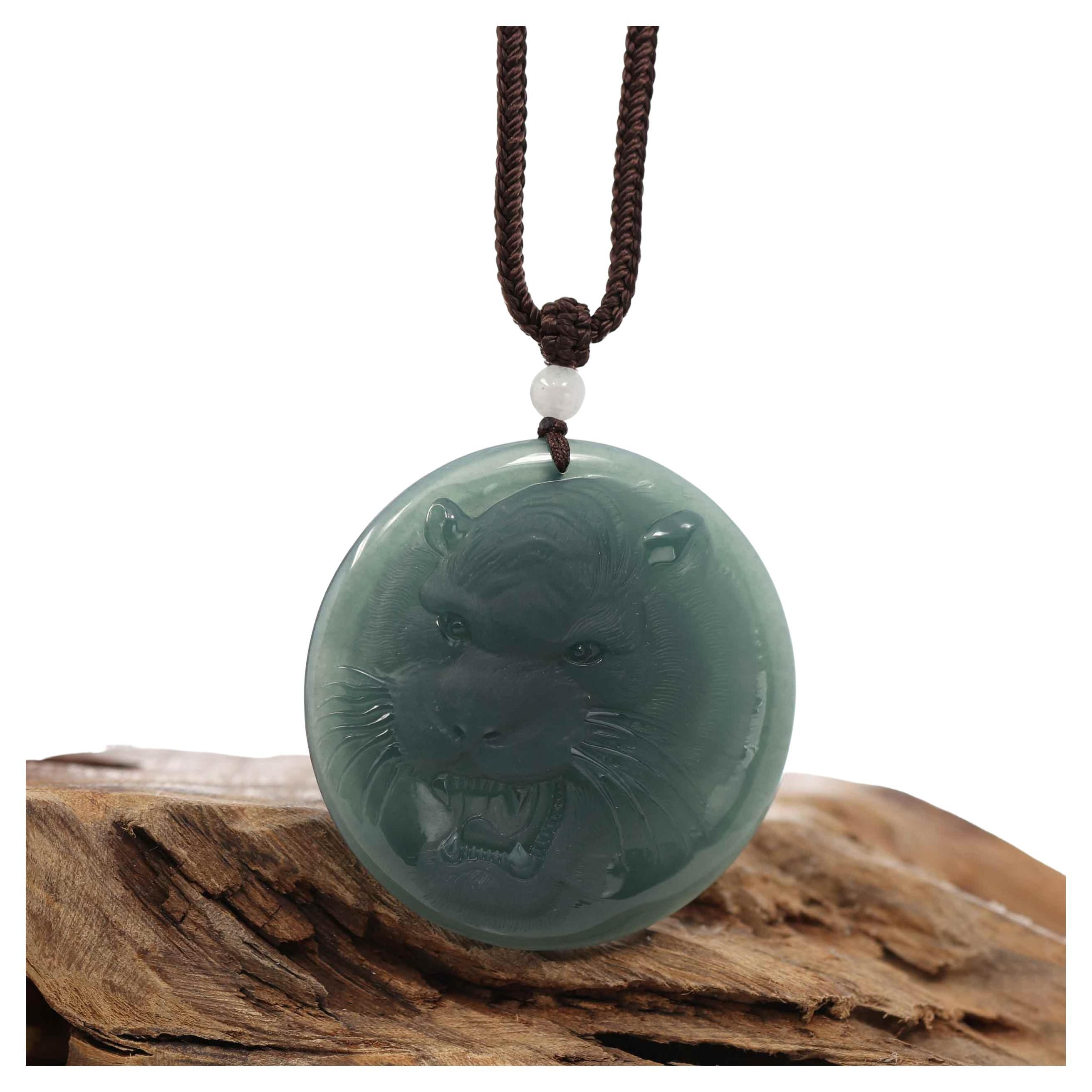 Natural Deep Blue Green Jadeite Jade "Roaring Tiger" Pendant Necklace for Men