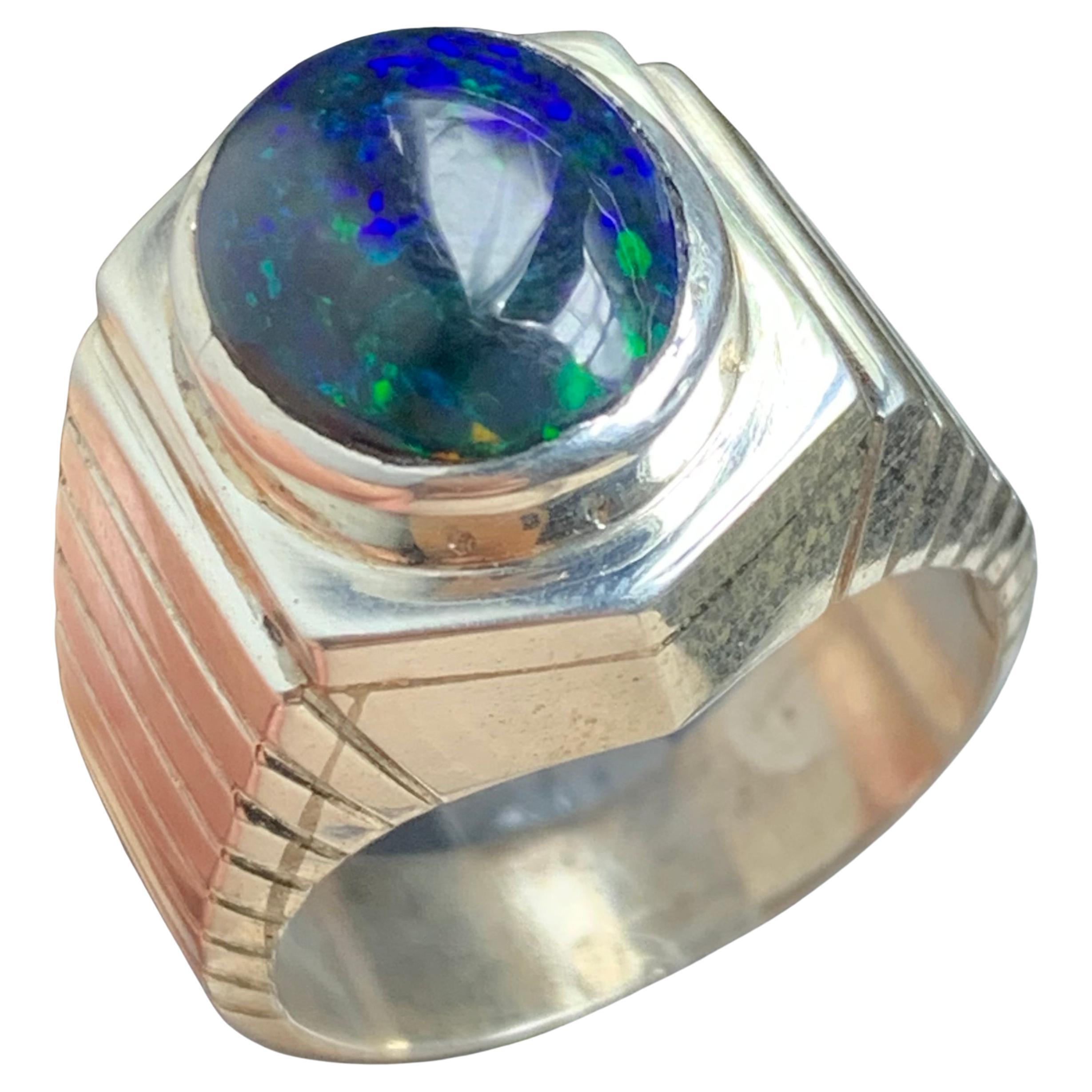Natural Deep Blue Opal Ring in 925 Sterling Silver – Handmade with Play of Color