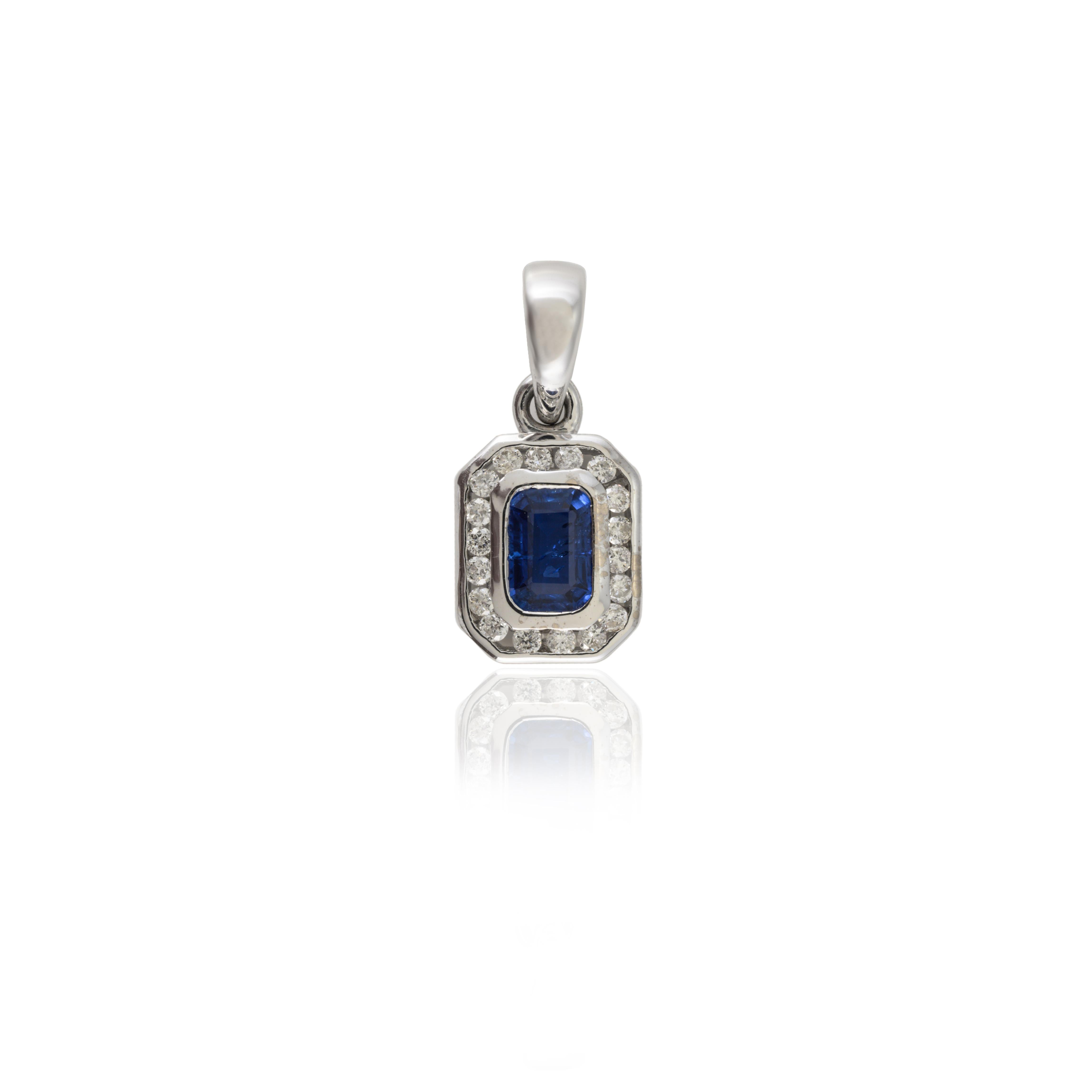 Octagon Cut Octagon Blue Sapphire Diamond Halo Pendant in 14k Solid White Gold For Sale