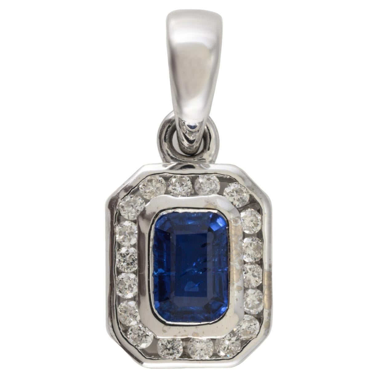 Octagon Blue Sapphire Diamond Halo Pendant in 14k Solid White Gold For Sale