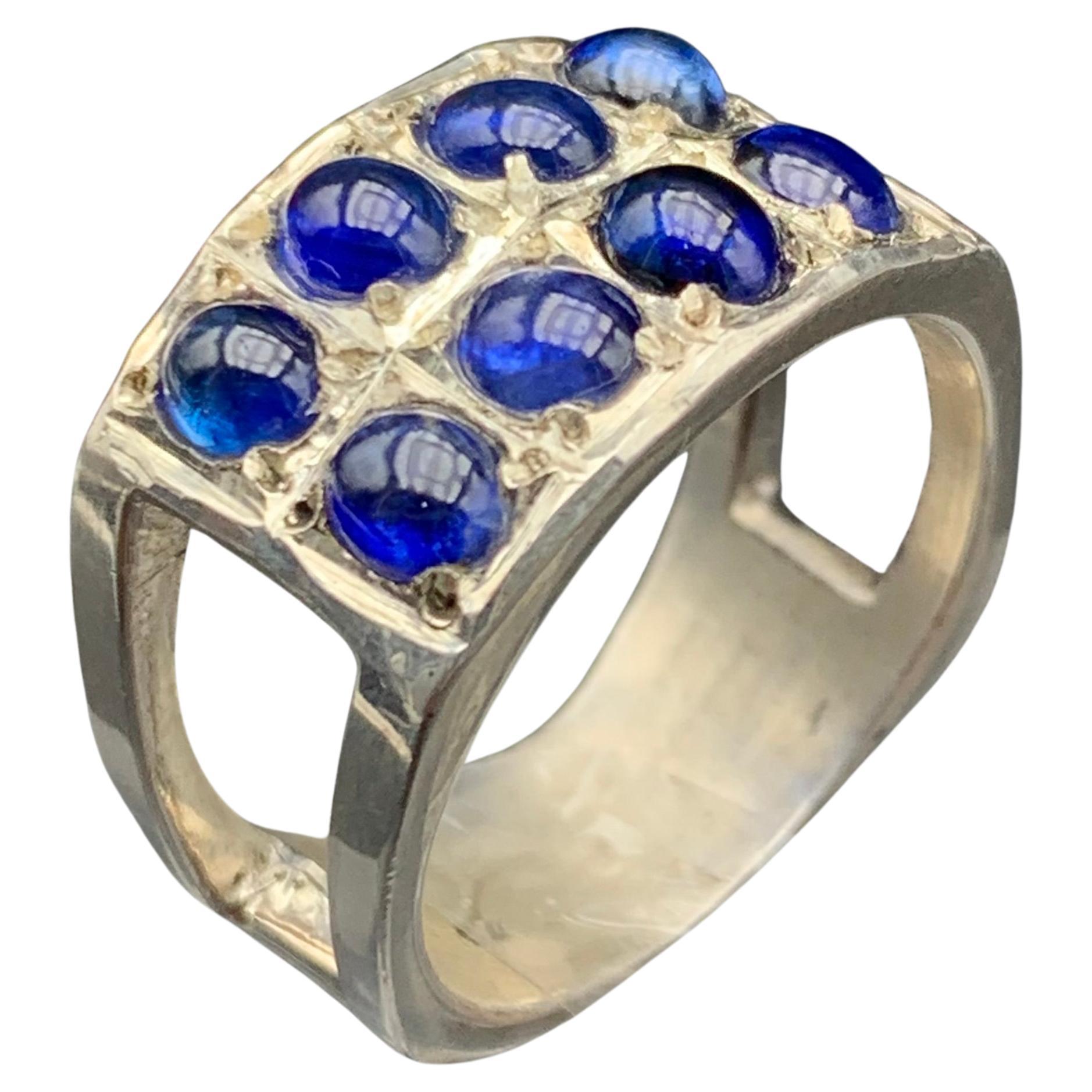 Anello a fascia con gemme di zaffiro blu profondo Nature in argento 925 - Fatto a mano