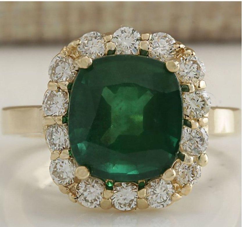 Ring White Gold 14 K

Ring Size: 6.25 
Total Ring Weight: 5.5 Grams
Total Natural diamond weight is 0.85ct.
VS2-SI1 clarity / F-G color
Natural Emerald Weight is 4.25ct (Measures: 10.05x9.15mm) 

With a heritage of ancient fine Swiss jewelry