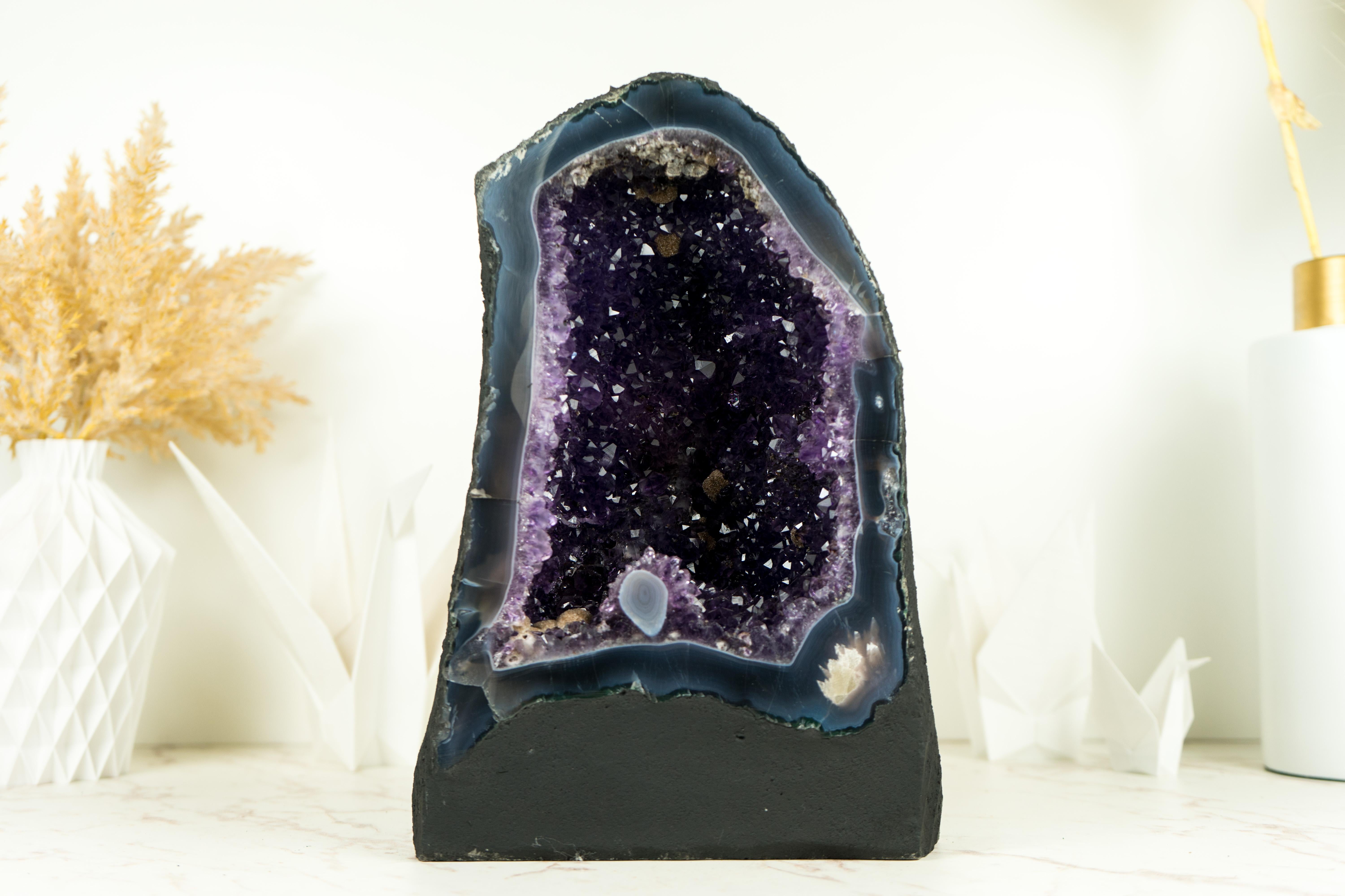 Brazilian Natural Deep Purple Druzy Amethyst Geode with Agate Matrix For Sale