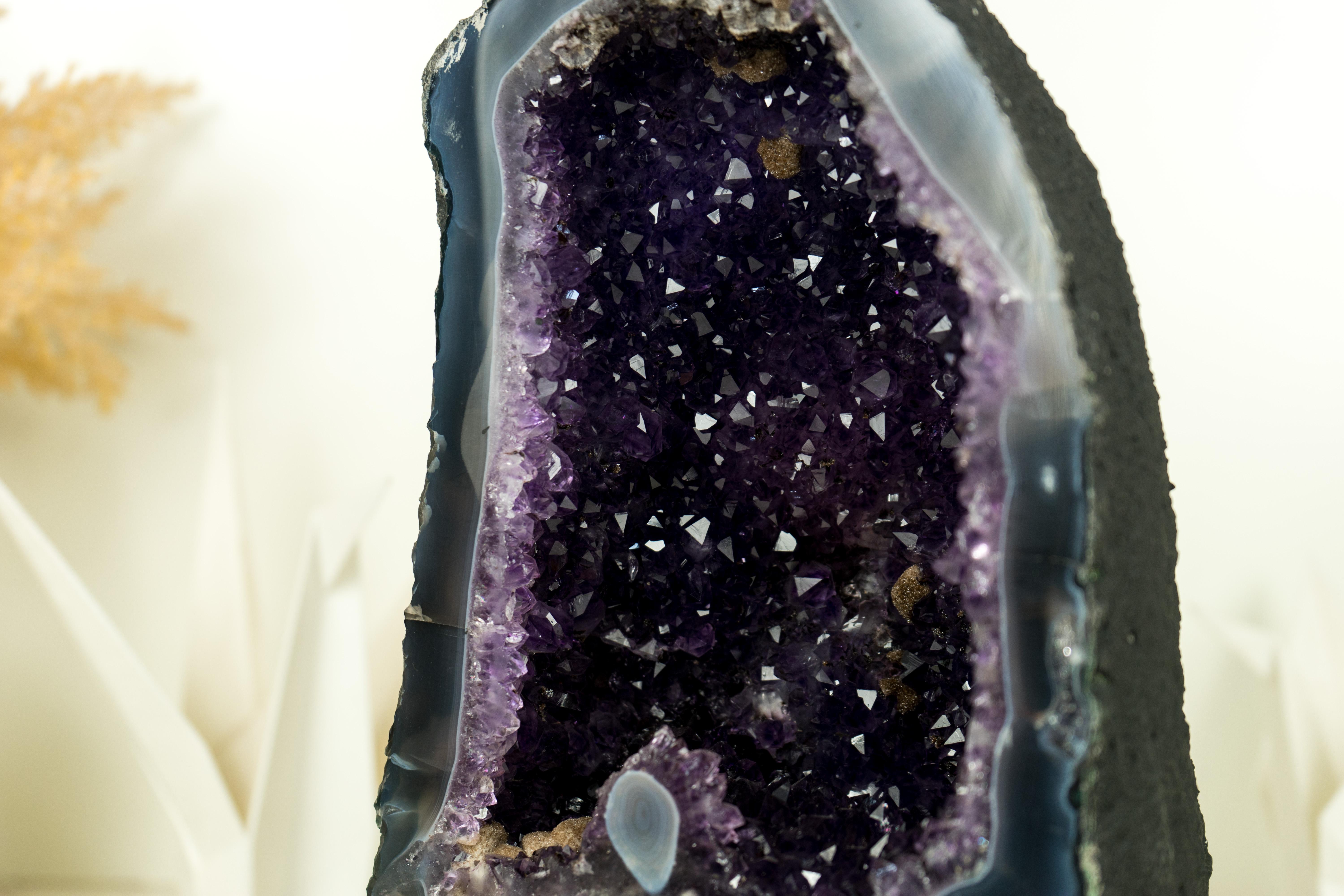 Contemporary Natural Deep Purple Druzy Amethyst Geode with Agate Matrix For Sale