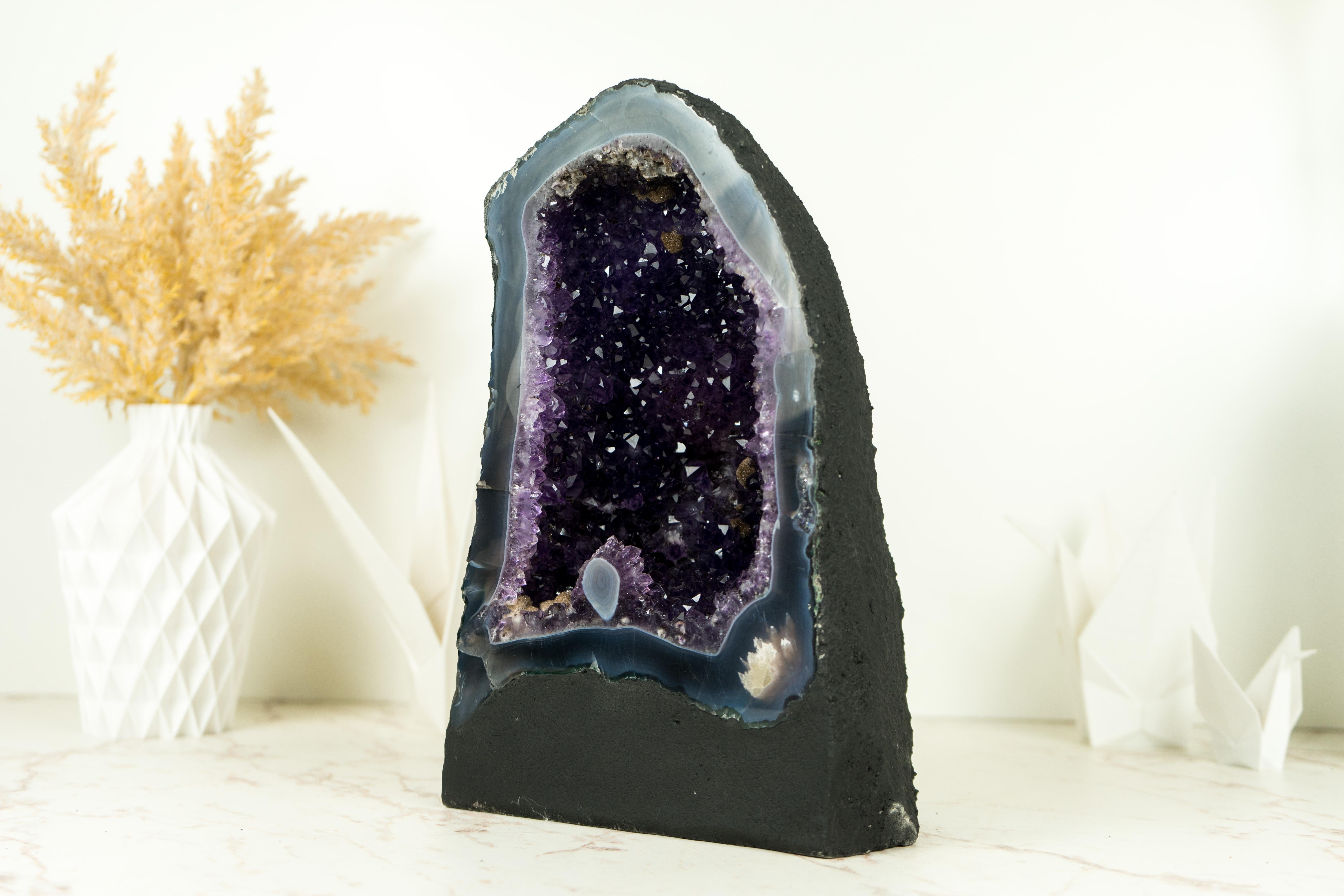 Natural Deep Purple Druzy Amethyst Geode with Agate Matrix For Sale 1