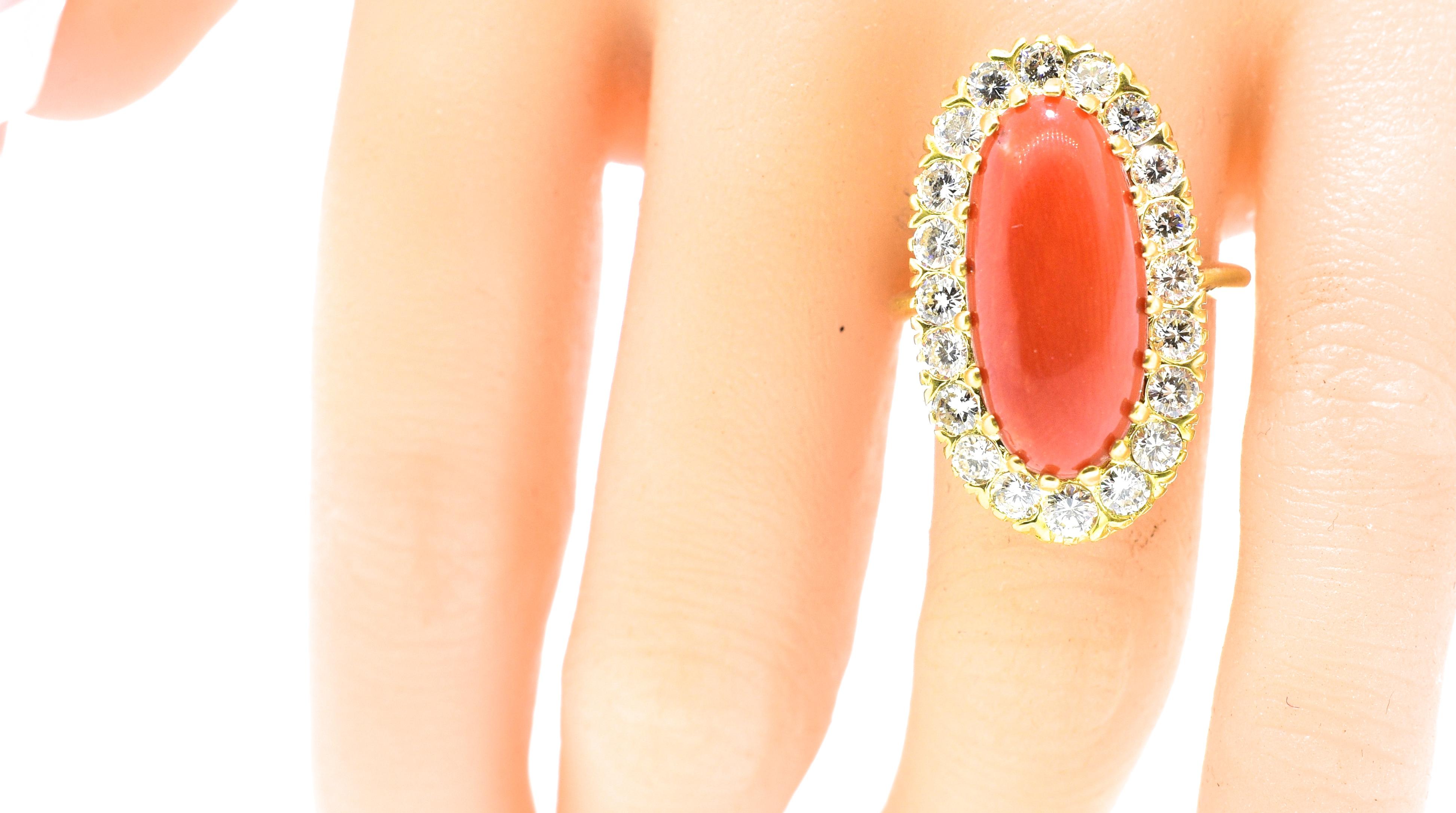 Natural Deep Red Coral and Diamond Ring, circa 1965 In Excellent Condition In Aspen, CO