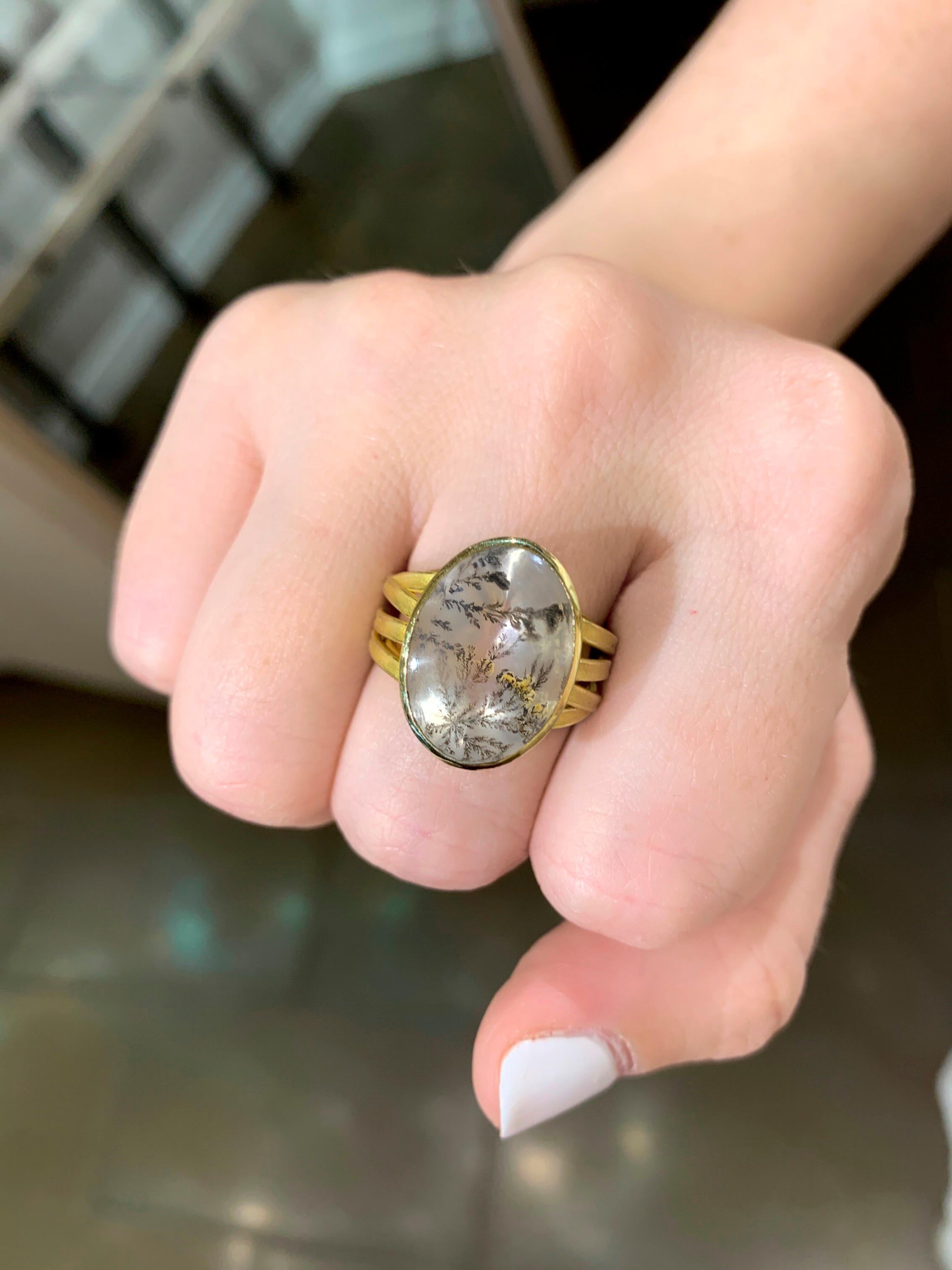 One of a Kind Ribbon Wrap Ring hand-fabricated by award-winning jewelry maker Barbara Heinrich showcasing Mother Nature's magnificence, a completely natural 10.08 carat oval dendrite agate bezel-set atop the makers signature-finished 18k yellow gold