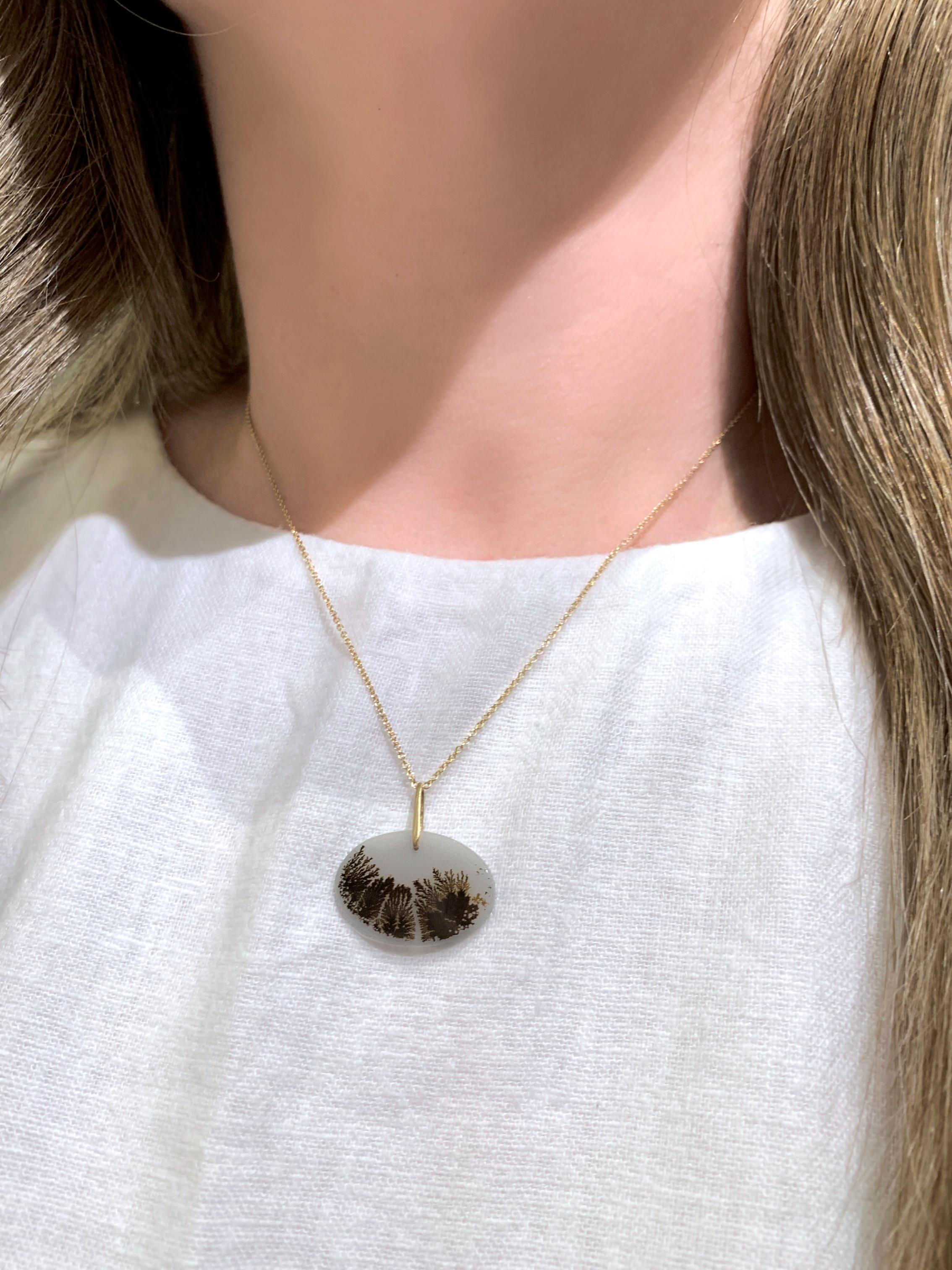 One of a Kind Necklace handmade by acclaimed jewelry designer Dana Kellin featuring a fantastic, completely natural oval dendritic agate gemstone attached to a handmade 14k yellow gold satin-finished bail and finished on a 17 inch 14k yellow gold