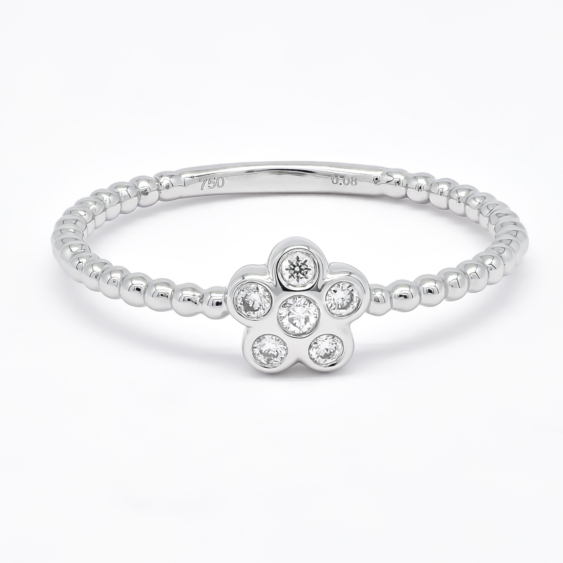Taille ronde Diamant naturel 0,08 carats Bague empilable en or jaune 18KT avec motif floral en vente
