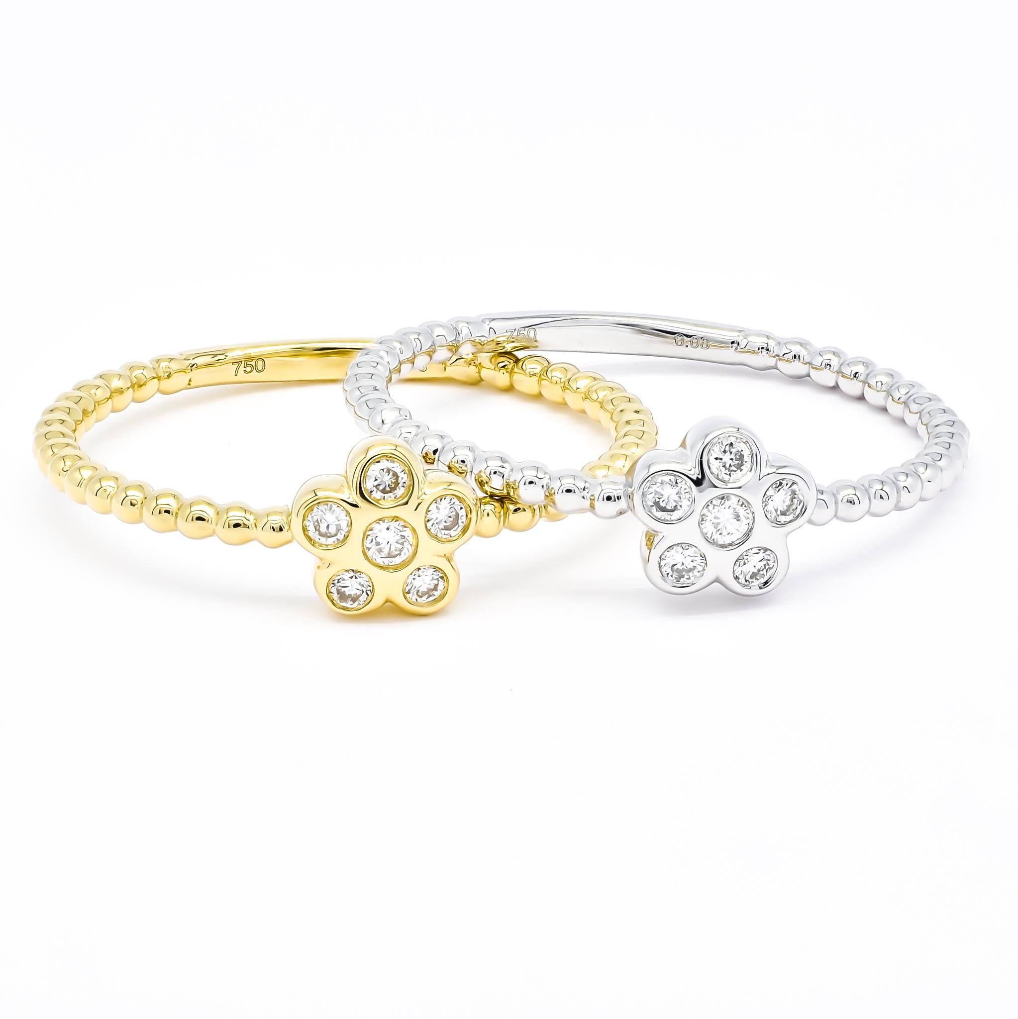 Diamant naturel 0,08 carats Bague empilable en or jaune 18KT avec motif floral Unisexe en vente