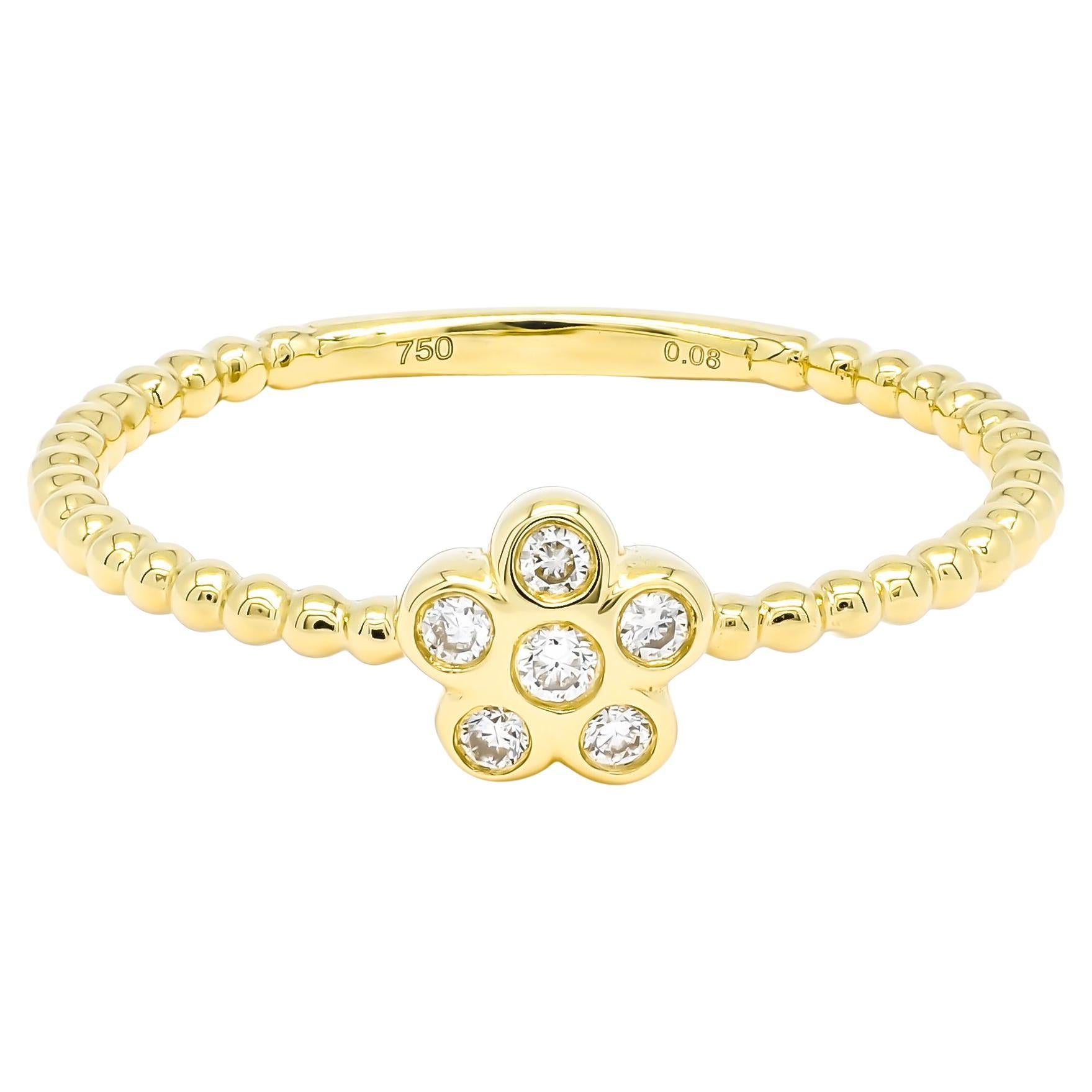 Diamant naturel 0,08 carats Bague empilable en or jaune 18KT avec motif floral en vente