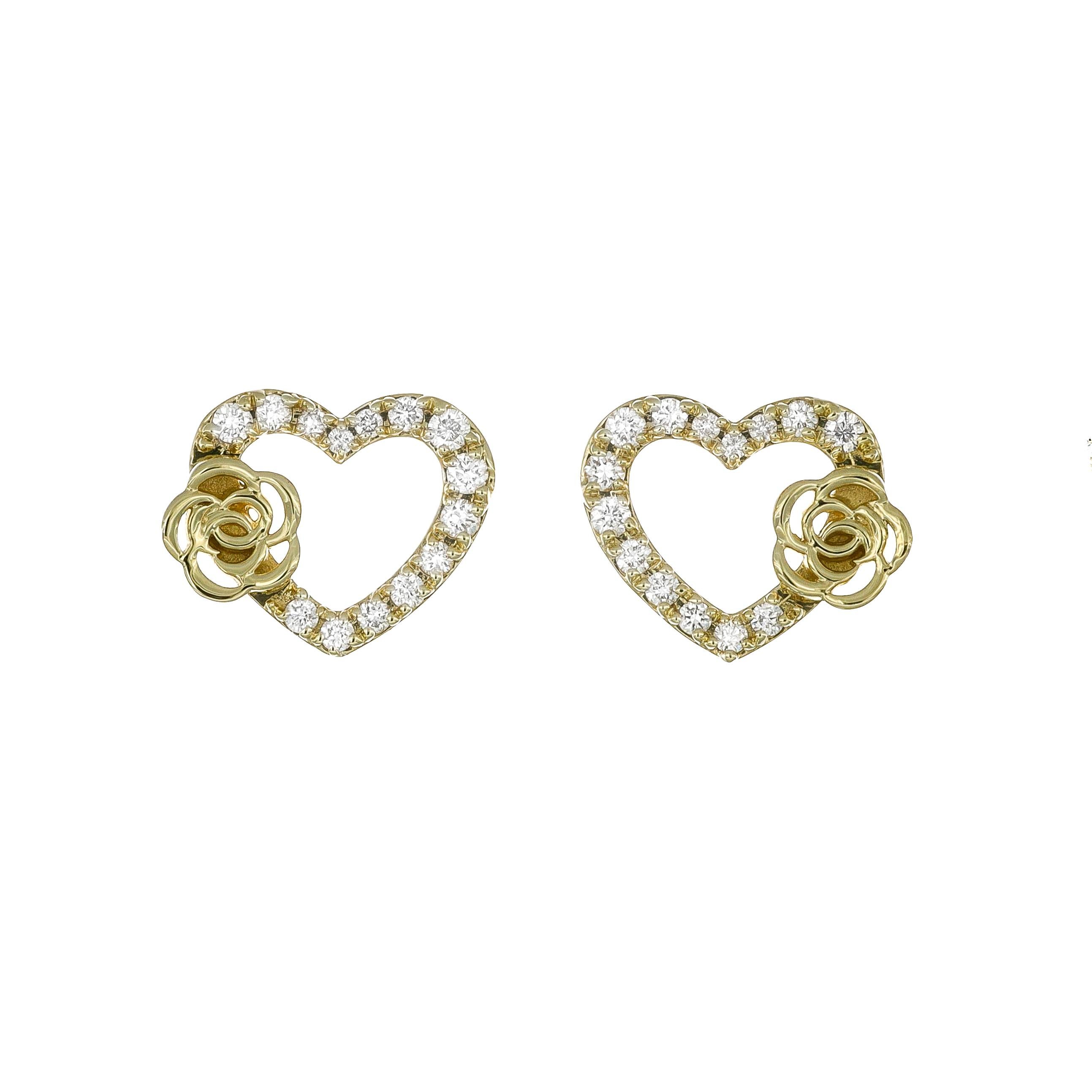 At the heart of each earring lies a captivating arrangement of diamonds  a total of 0.25 carats, meticulously set to form the outline of a contemporary heart shape, adding a touch of femininity, is the rose flower motif delicately adorns each heart,