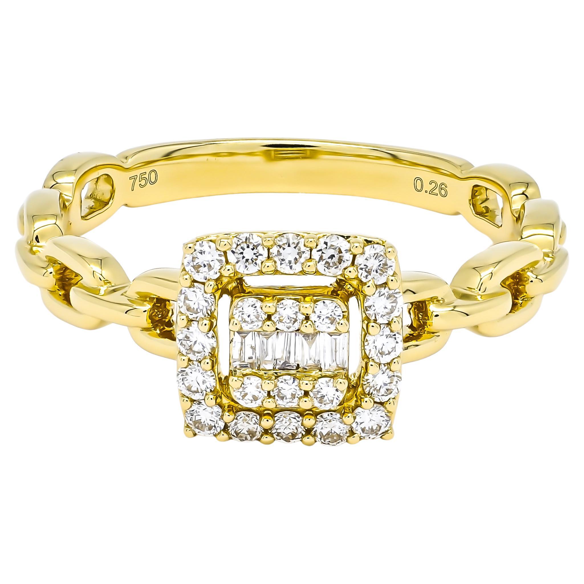 Natural Diamond 0.26 carats 18KT Yellow Gold Cluster Chain Link Shank Ring