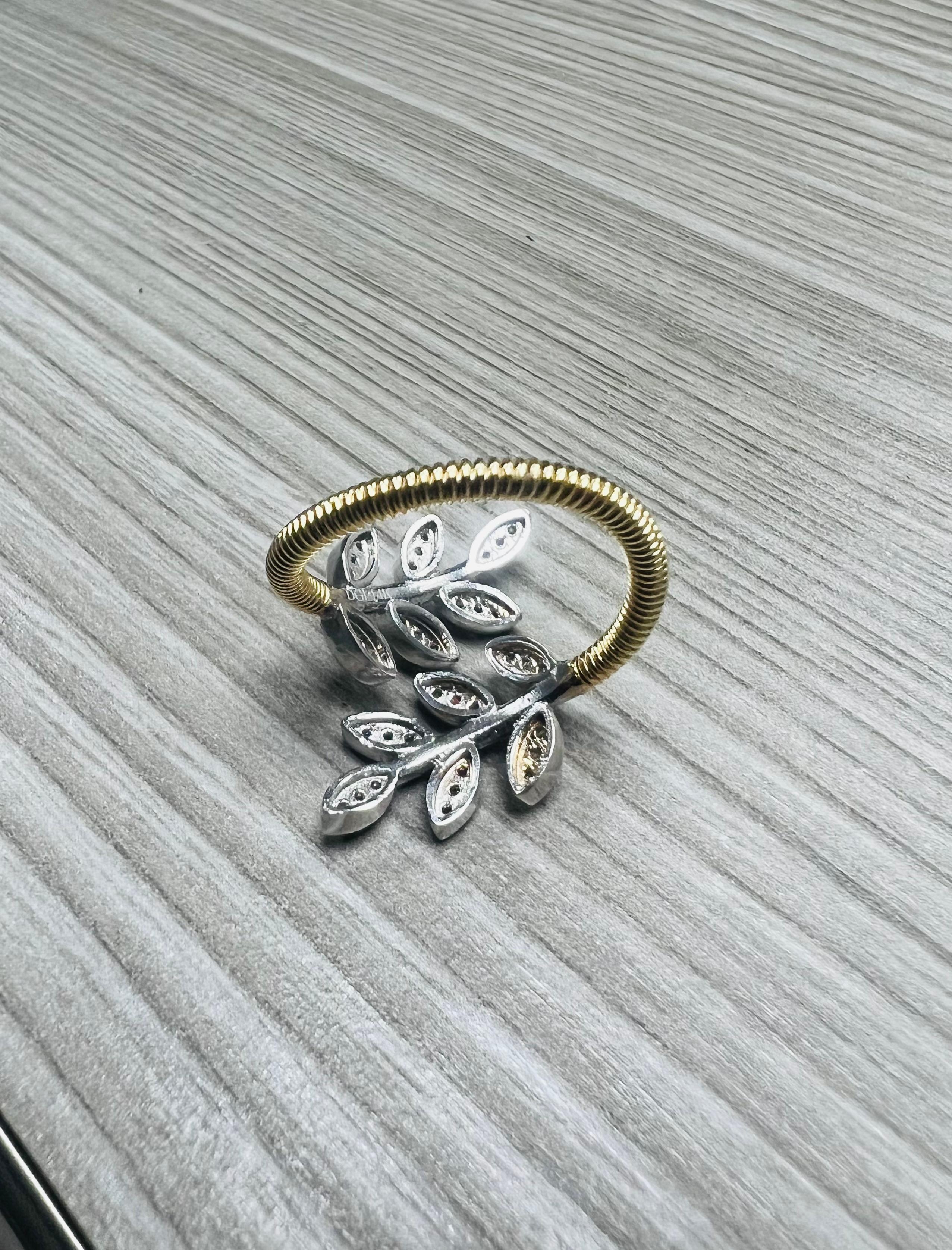 Natural Diamond 0.28 Carat Leaf Wrap White Gold Yellow Gold Statement Ring For Sale 2