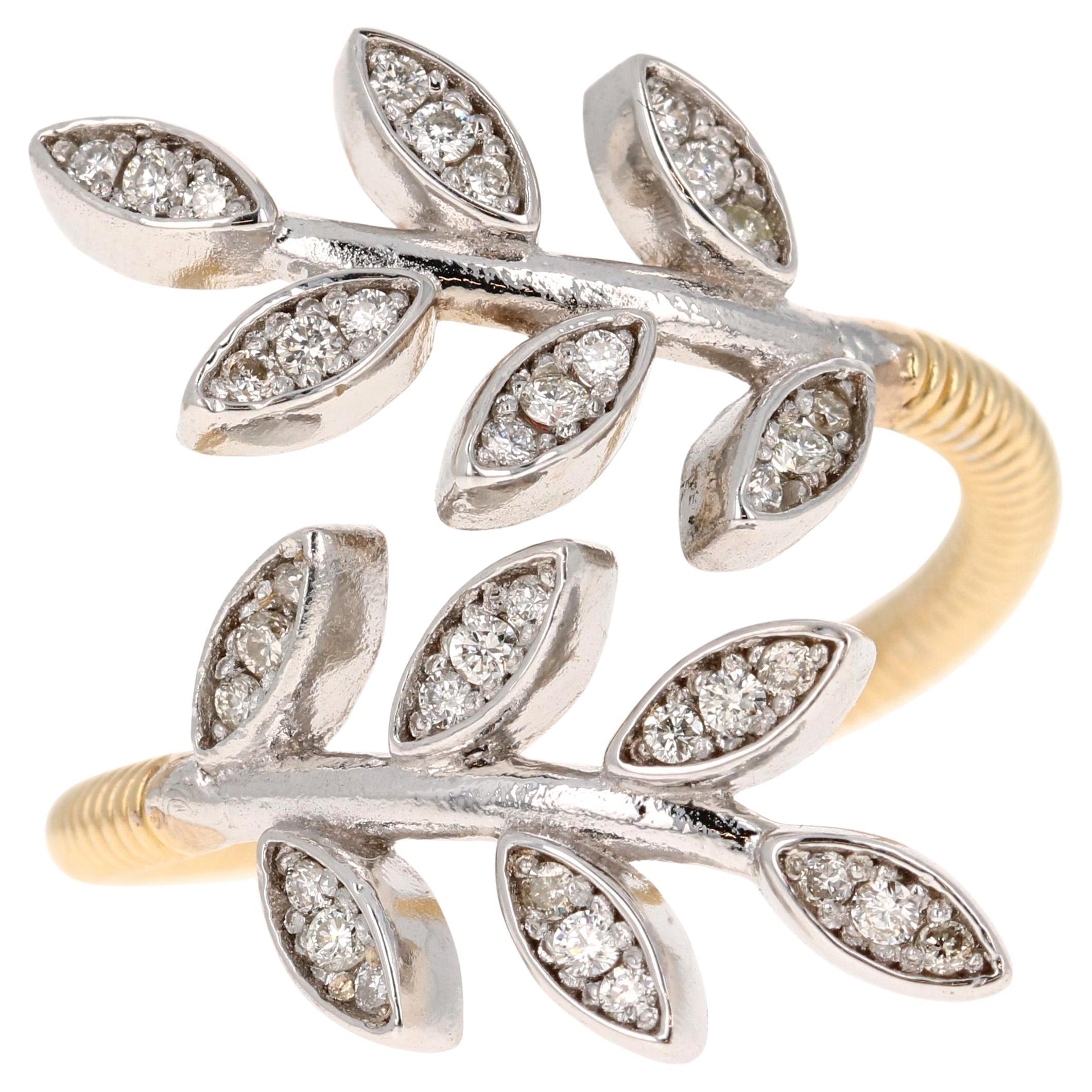 Natural Diamond 0.28 Carat Leaf Wrap White Gold Yellow Gold Statement Ring