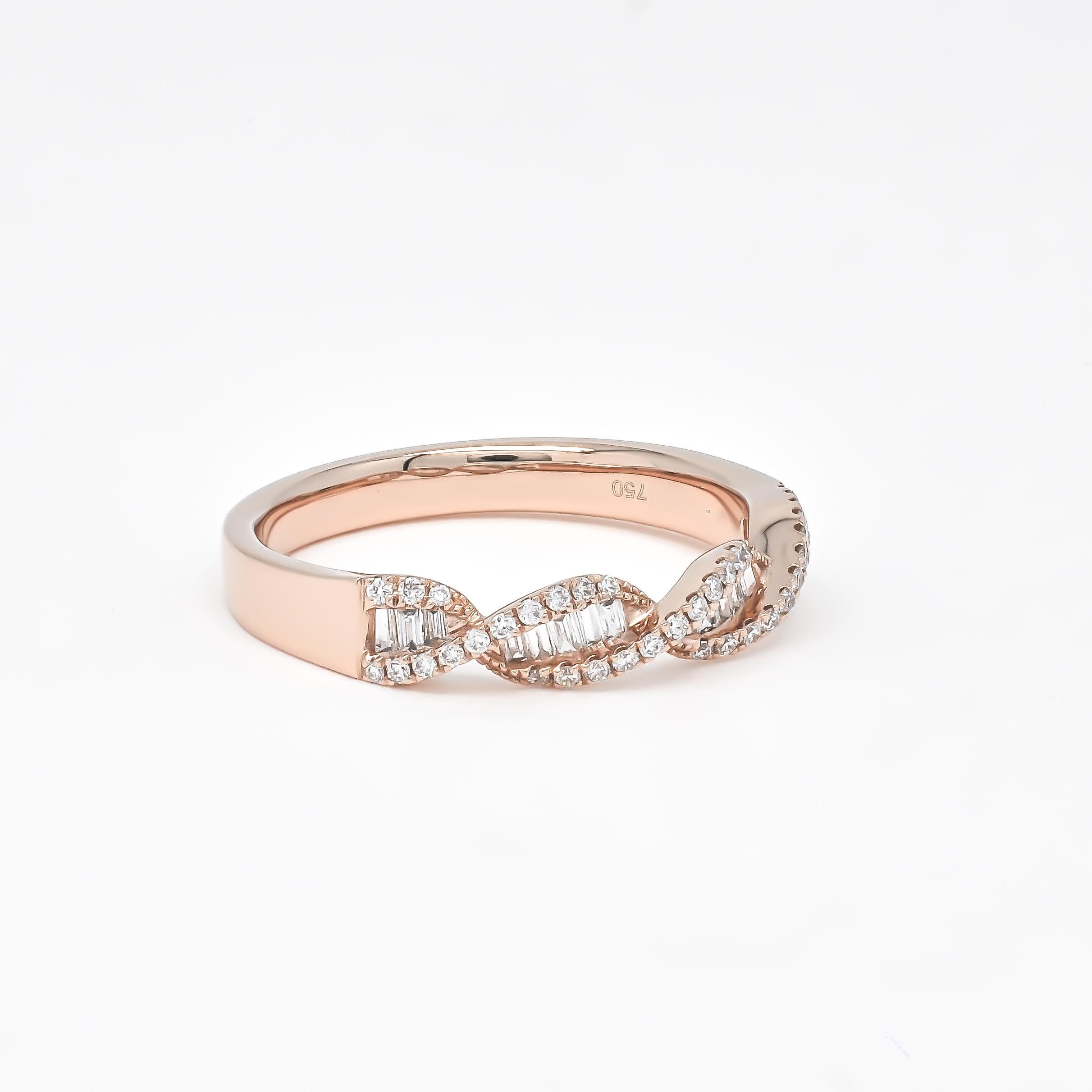 Make an impact with our dynamic DNA Felix Fashion Band ring, a stunning piece encrusted with sparkling natural baguette and round diamonds. This exquisite half-band ring is meticulously crafted in luxurious 18KT Rose gold, showcasing a total diamond