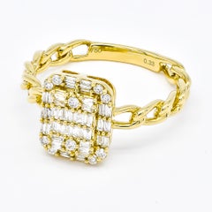 Natural Diamond 0.33 carats 18KT Yellow Gold Cluster Chain Link Statement Ring