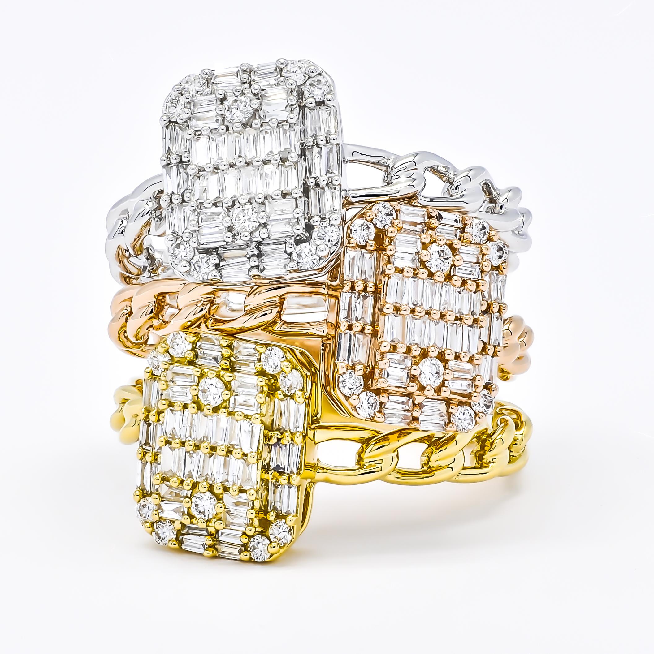 Taille baguette Bague à maillons en or jaune 18 carats avec diamant naturel de 0,33 carat en vente