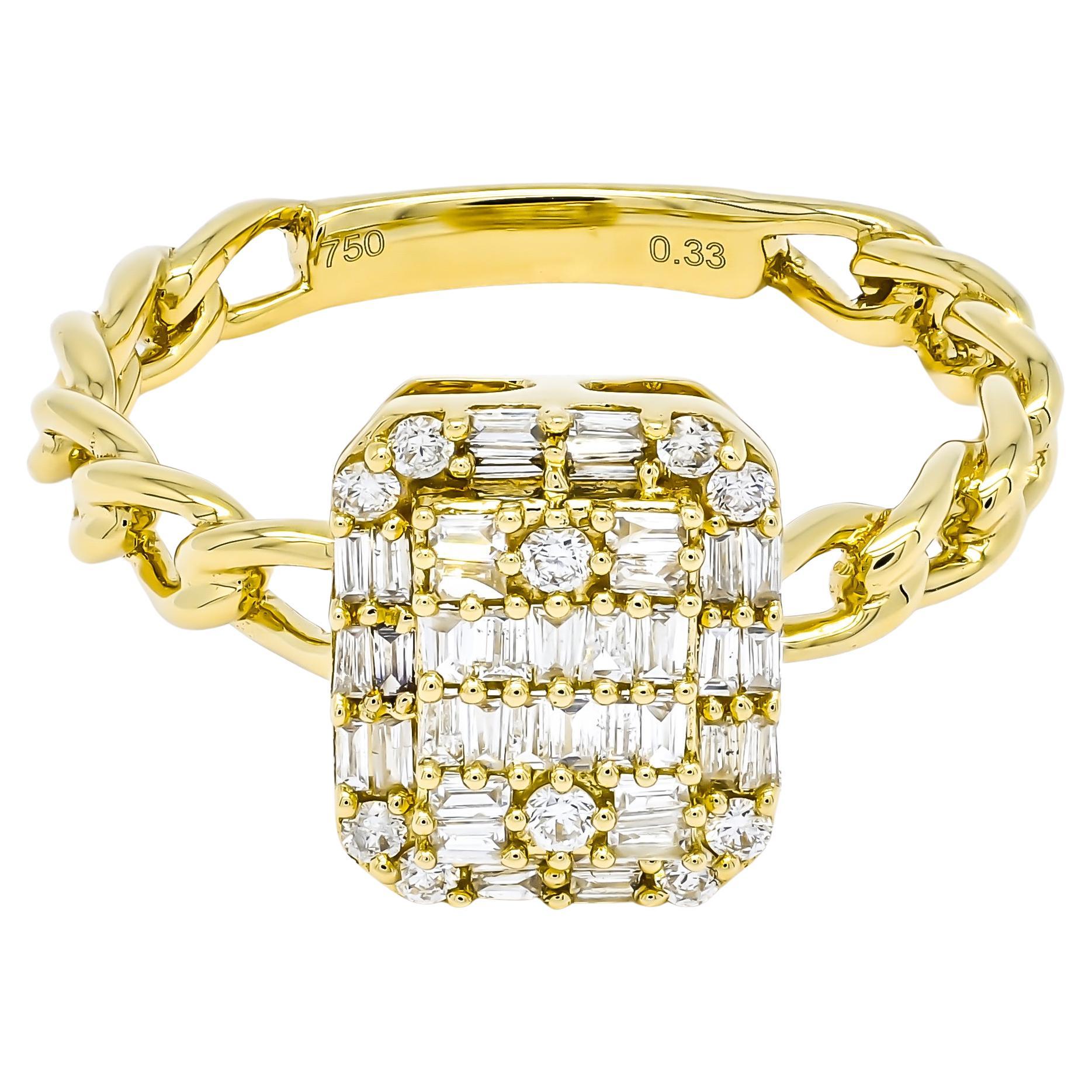 Natural Diamond 0.33 carats 18KT Yellow Gold Cluster Chain Link Statement Ring