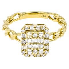 Natural Diamond 0.33 carats 18KT Yellow Gold Cluster Chain Link Statement Ring 