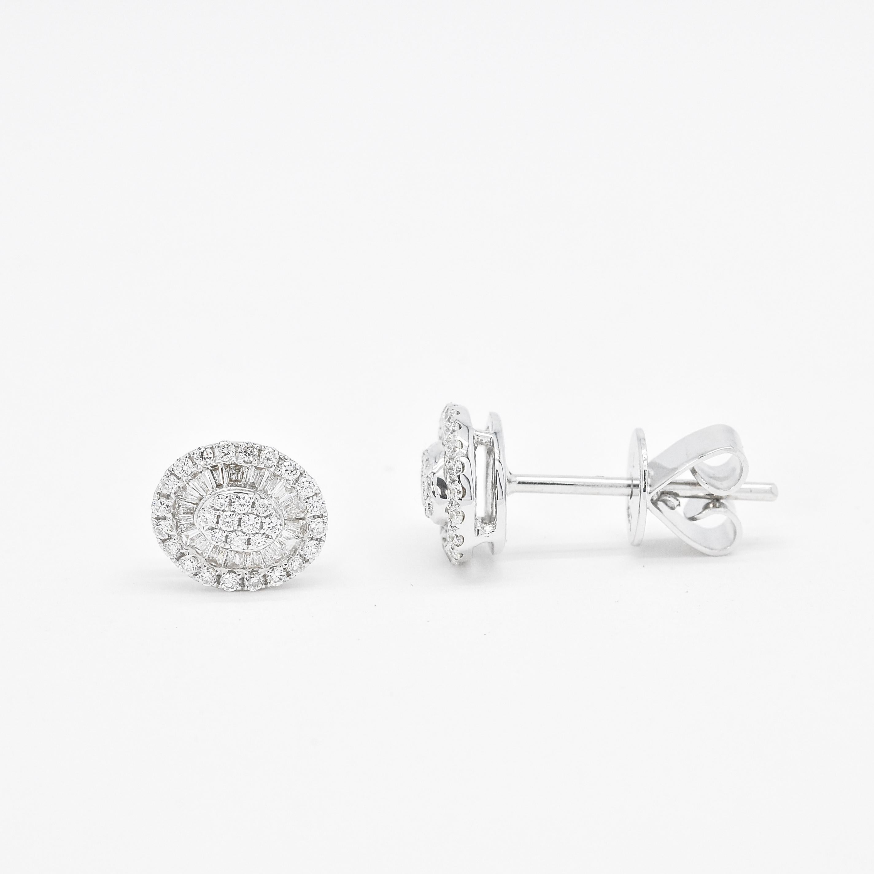Baguette Cut Natural Diamond 0.35 carats 18KT White Gold Oval Shape Stud Earrings  For Sale