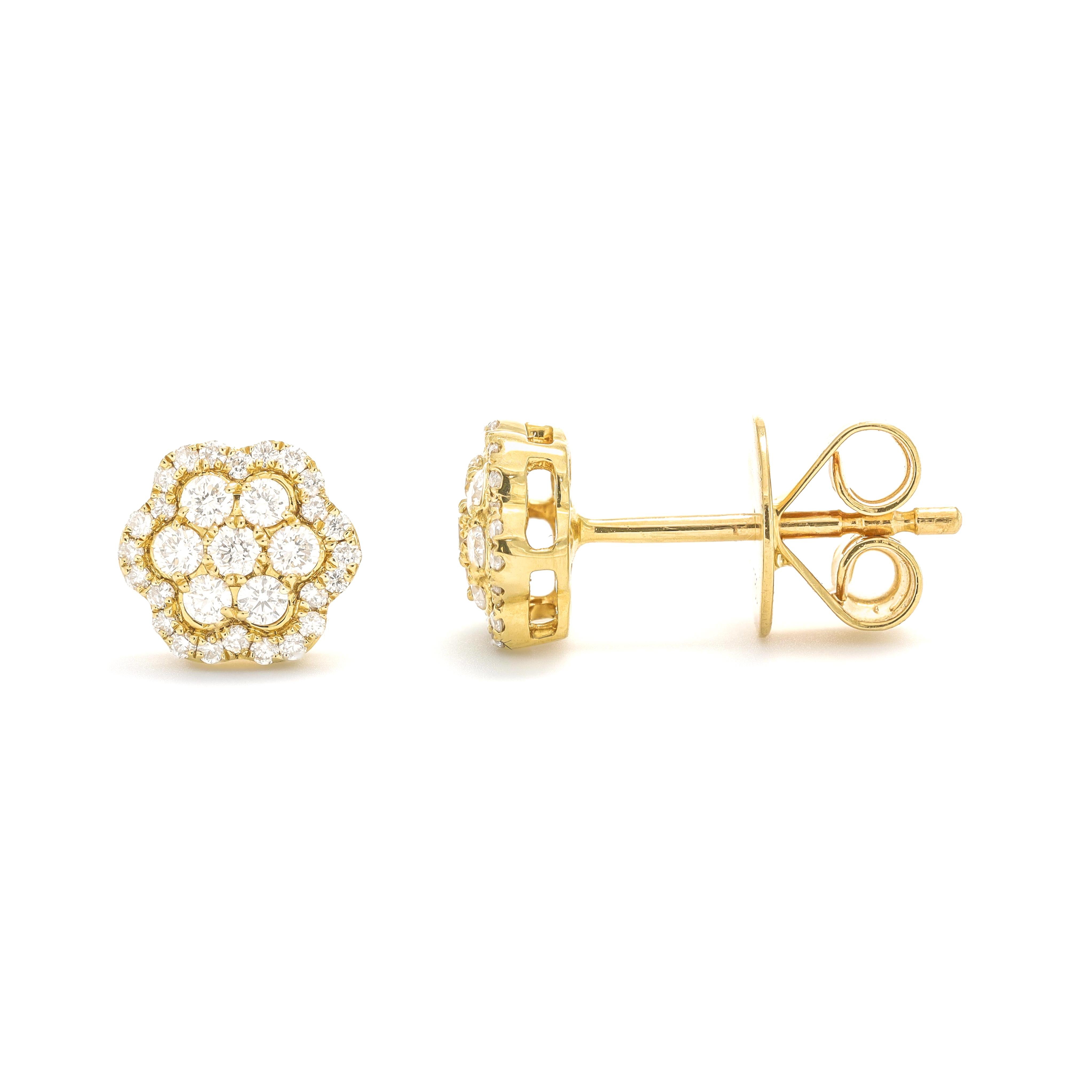 Moderne Clous d'oreilles grappe florale en or jaune 18 carats avec diamants naturels 0,35 carat en vente