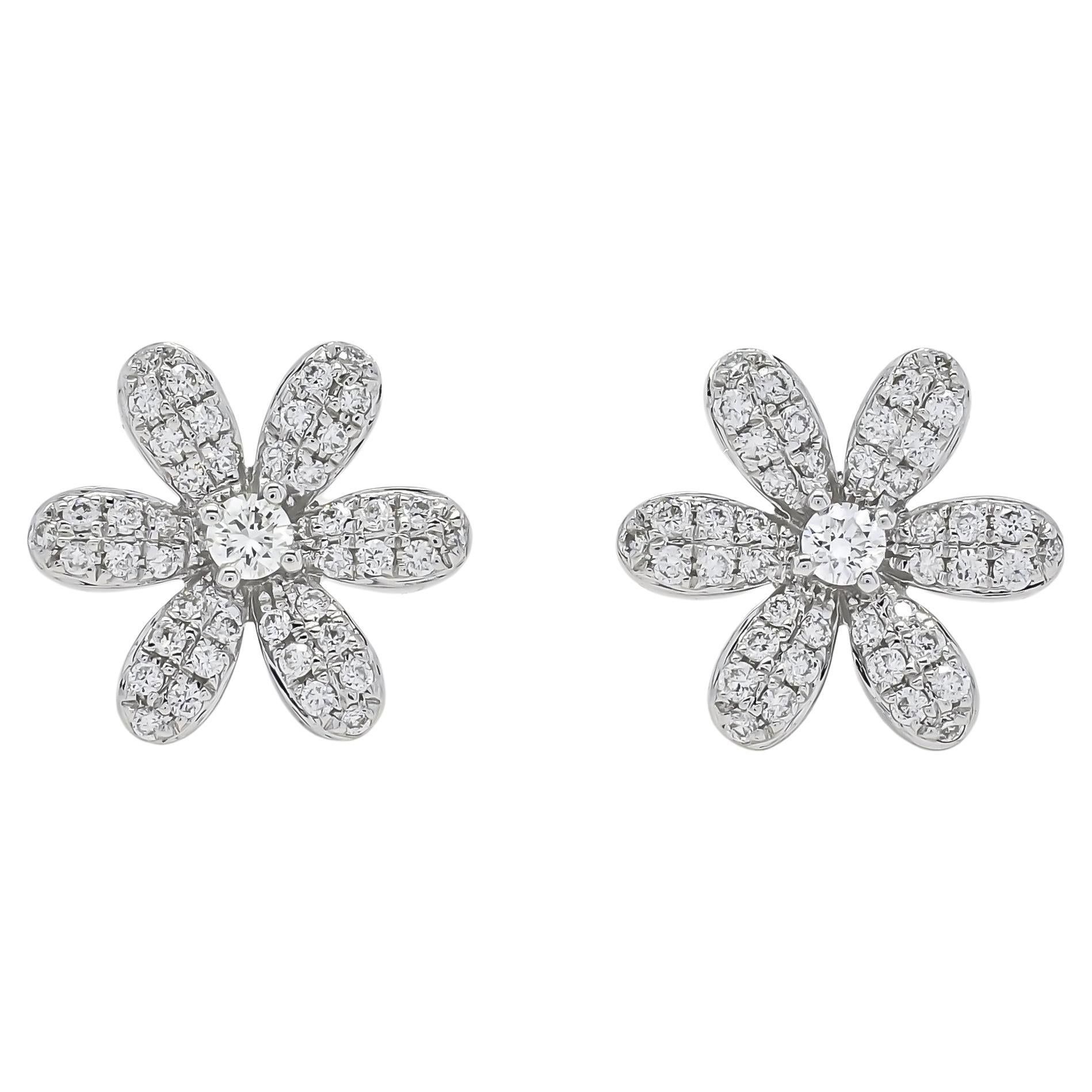 Clous d'oreilles fleur en or blanc 18 carats avec diamants naturels 0,36 carat 