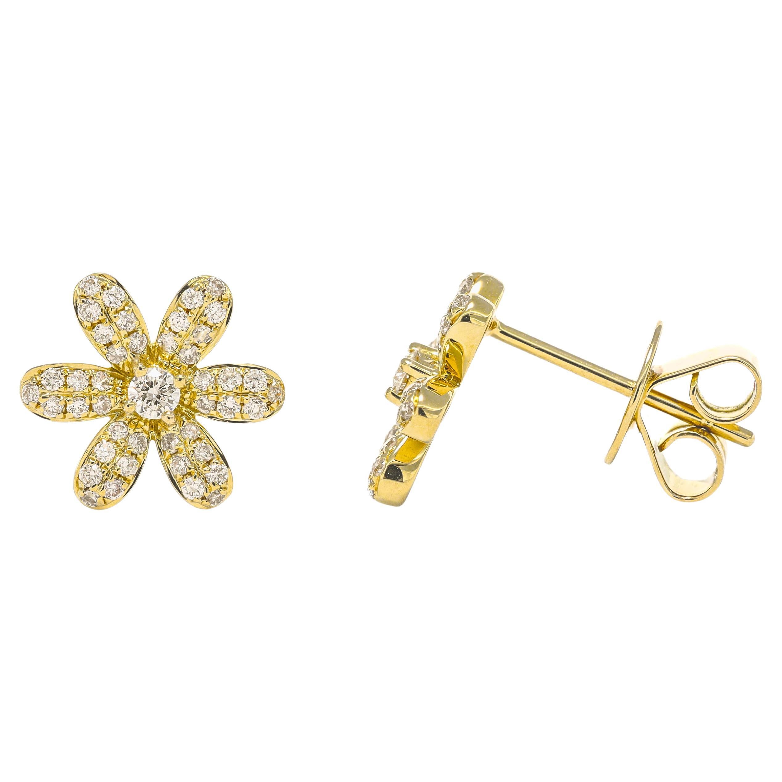 Clous d'oreilles fleur en or jaune 18 carats avec diamants naturels 0,36 carat en vente 5