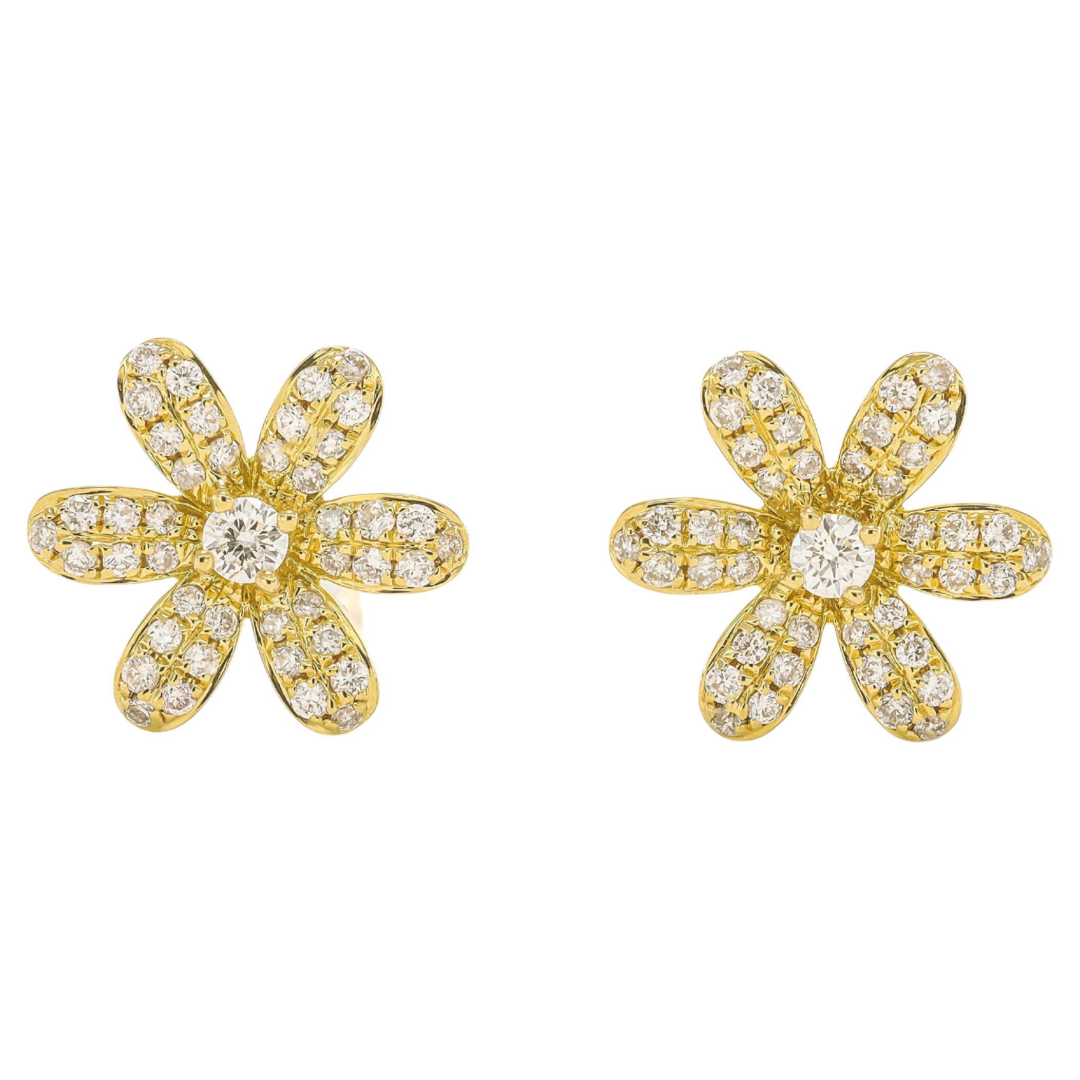 Natural Diamond 0.36 carats 18 Karats Yellow Gold Flower Stud Earrings