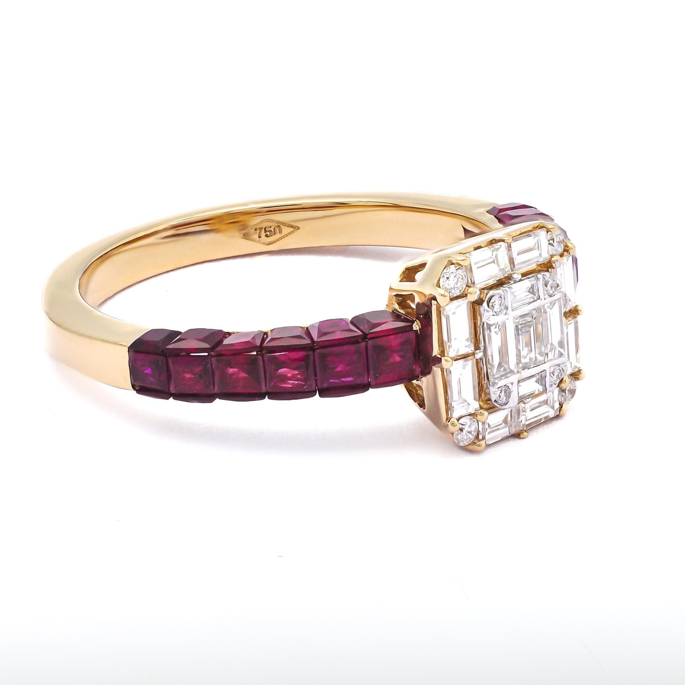 Immerse yourself in the unparalleled elegance of this exquisite 18 KT Rose Gold statement ring, where the allure of radiant Rubies meets the timeless beauty of diamonds. At its heart lies a mesmerizing baguette cluster, delicately nestled within the