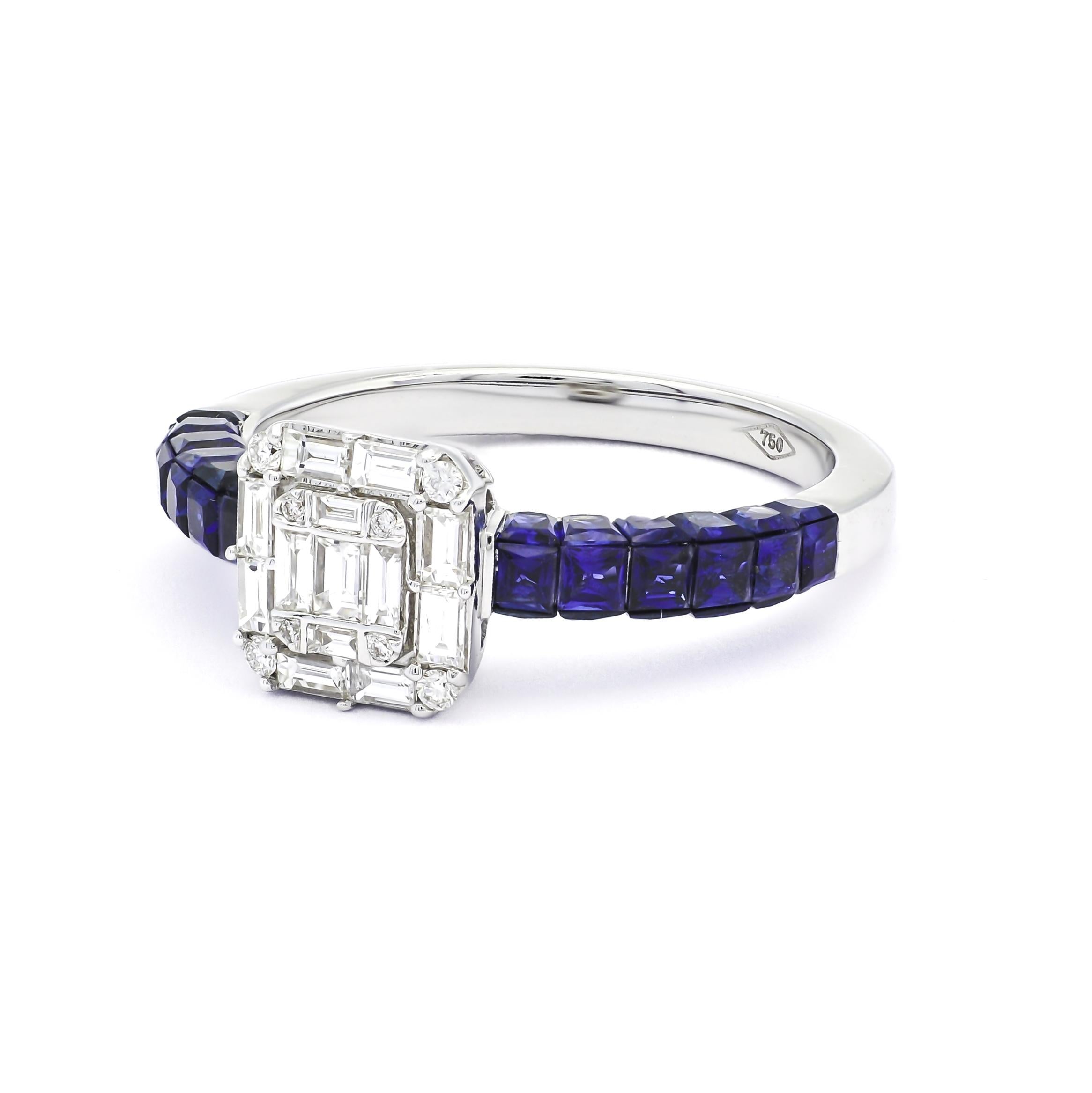 Plongez dans l'élégance inégalée de cette exquise bague de déclaration en or blanc 18 carats, où l'attrait des rubis radieux rencontre la beauté intemporelle des diamants. En son cœur se trouve une grappe de baguettes envoûtante, délicatement nichée