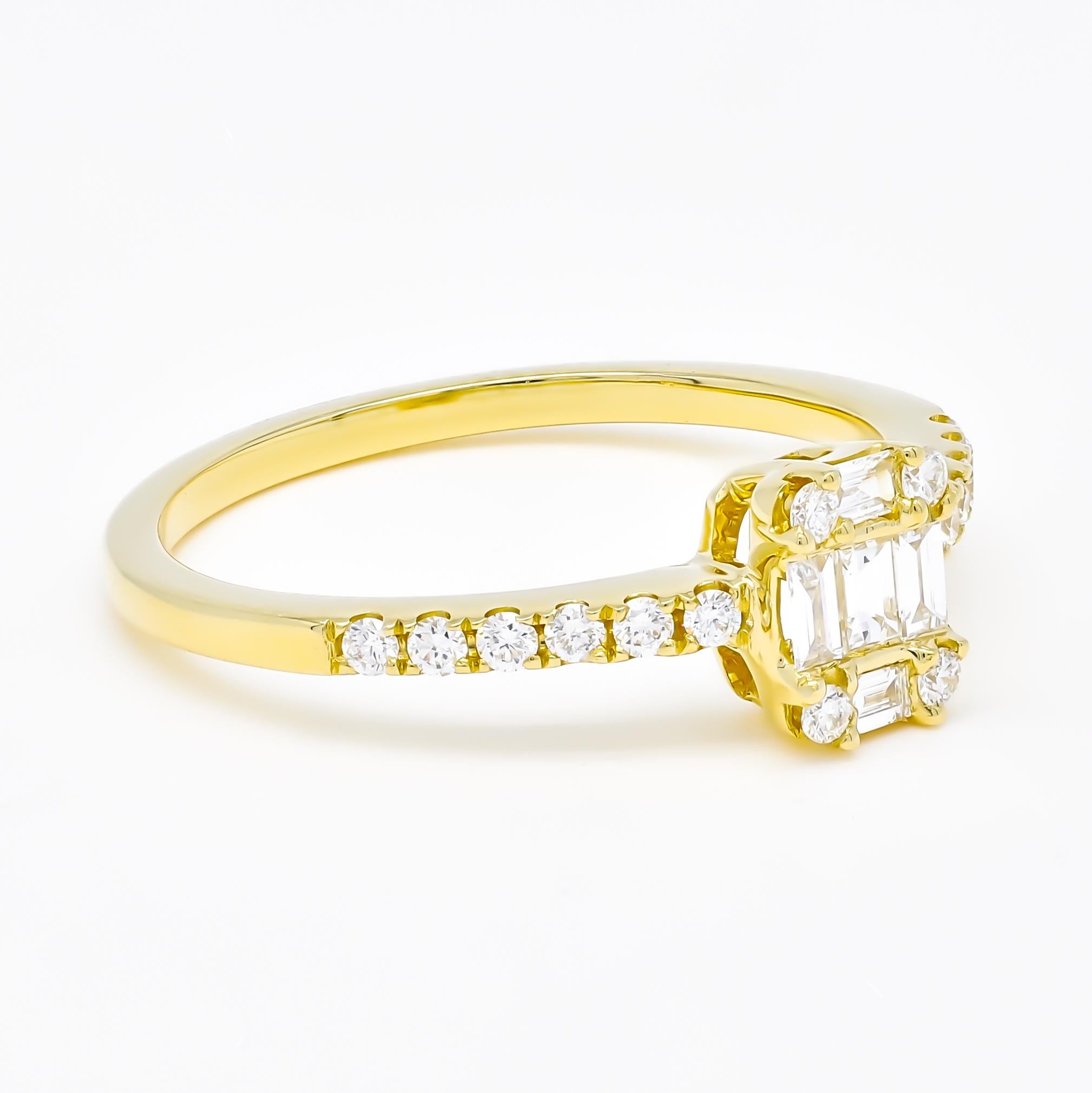 Introducing an exquisite engagement ring that epitomizes elegance and sophistication. Crafted in 18KT Rose gold, this beautiful ring features a captivating cluster of diamonds at its center. The intricate design includes both round and baguette-cut