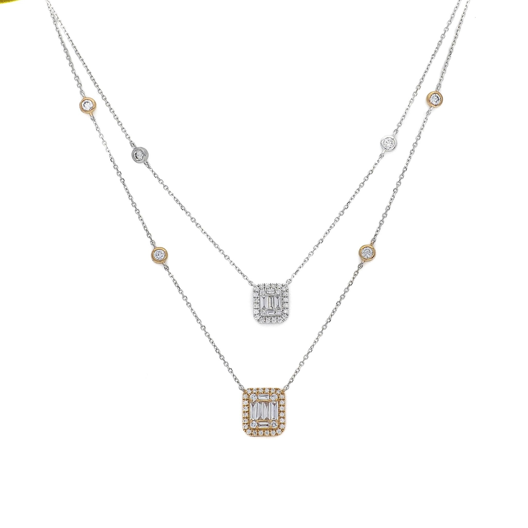 Prepare to be mesmerized by the enchanting beauty of our Baguette and round-cut diamond Double Clusters Double Layer Chain pendant necklace. This exquisite piece features a captivating design that combines the brilliance of round and baguette-cut